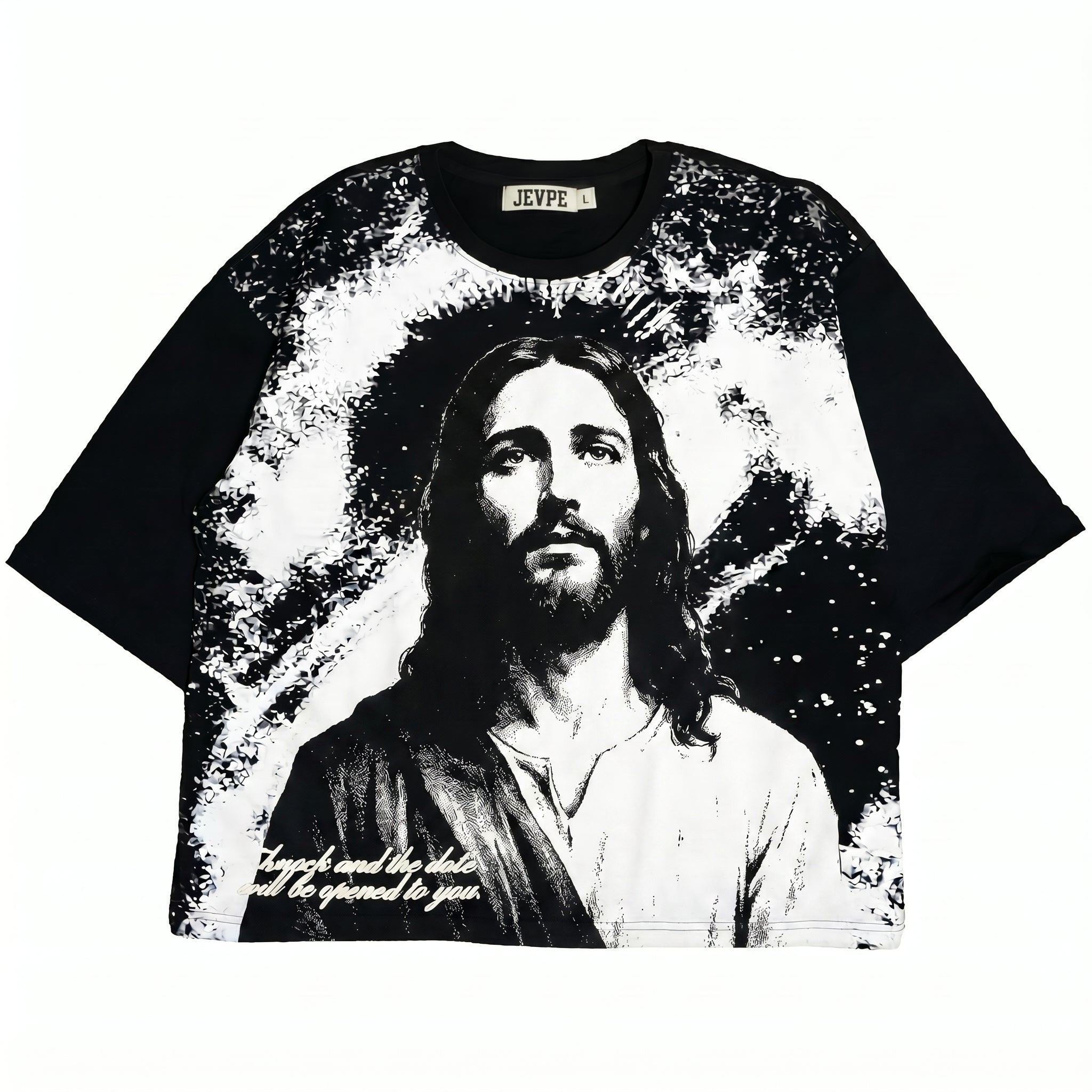 JEVPE Jesus portrait graphic oversized T-shirt featuring vintage religious streetwear style, with a large Jesus image on the front.