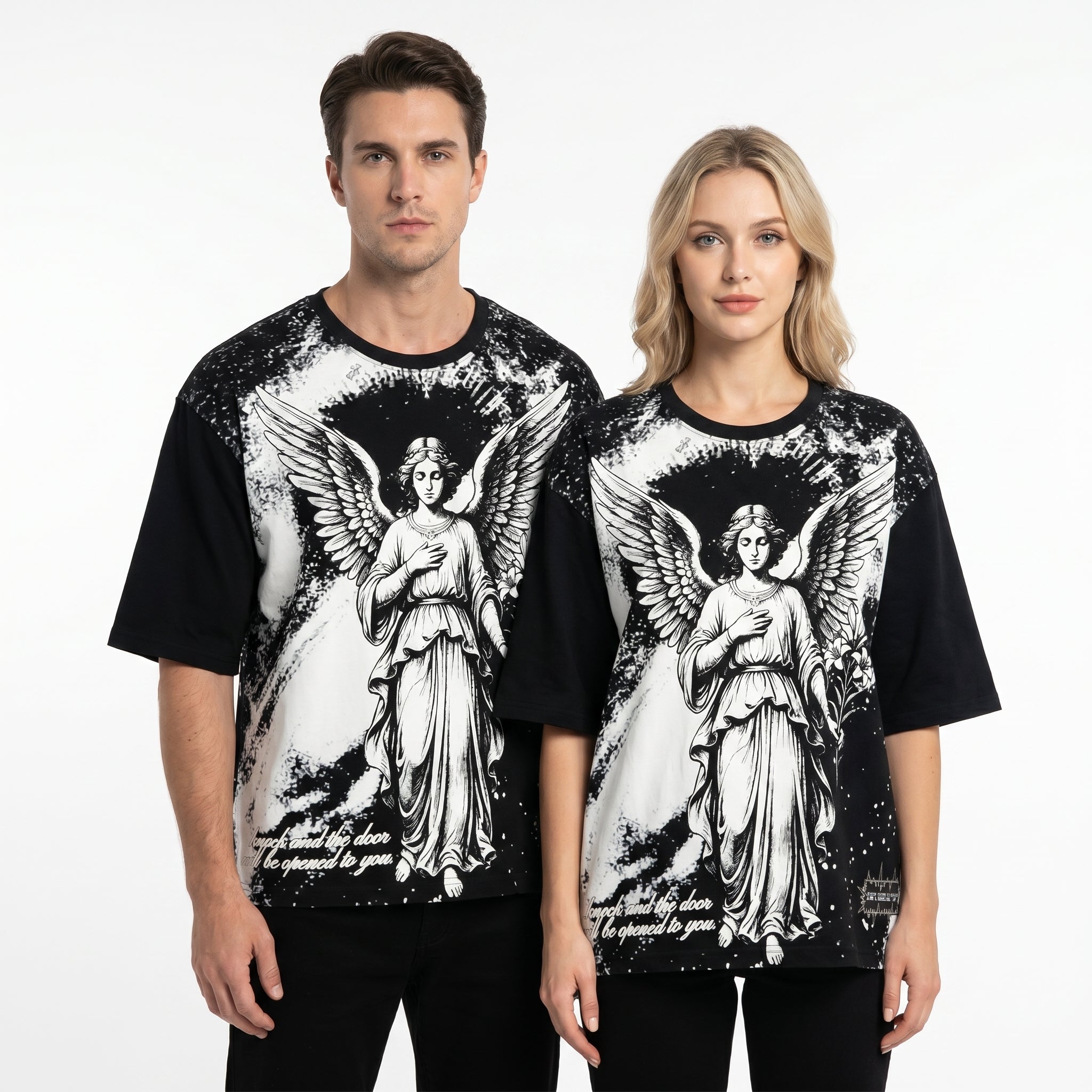 JEVPE oversized white T-shirt featuring a vintage angel graphic and religious streetwear design on the front.