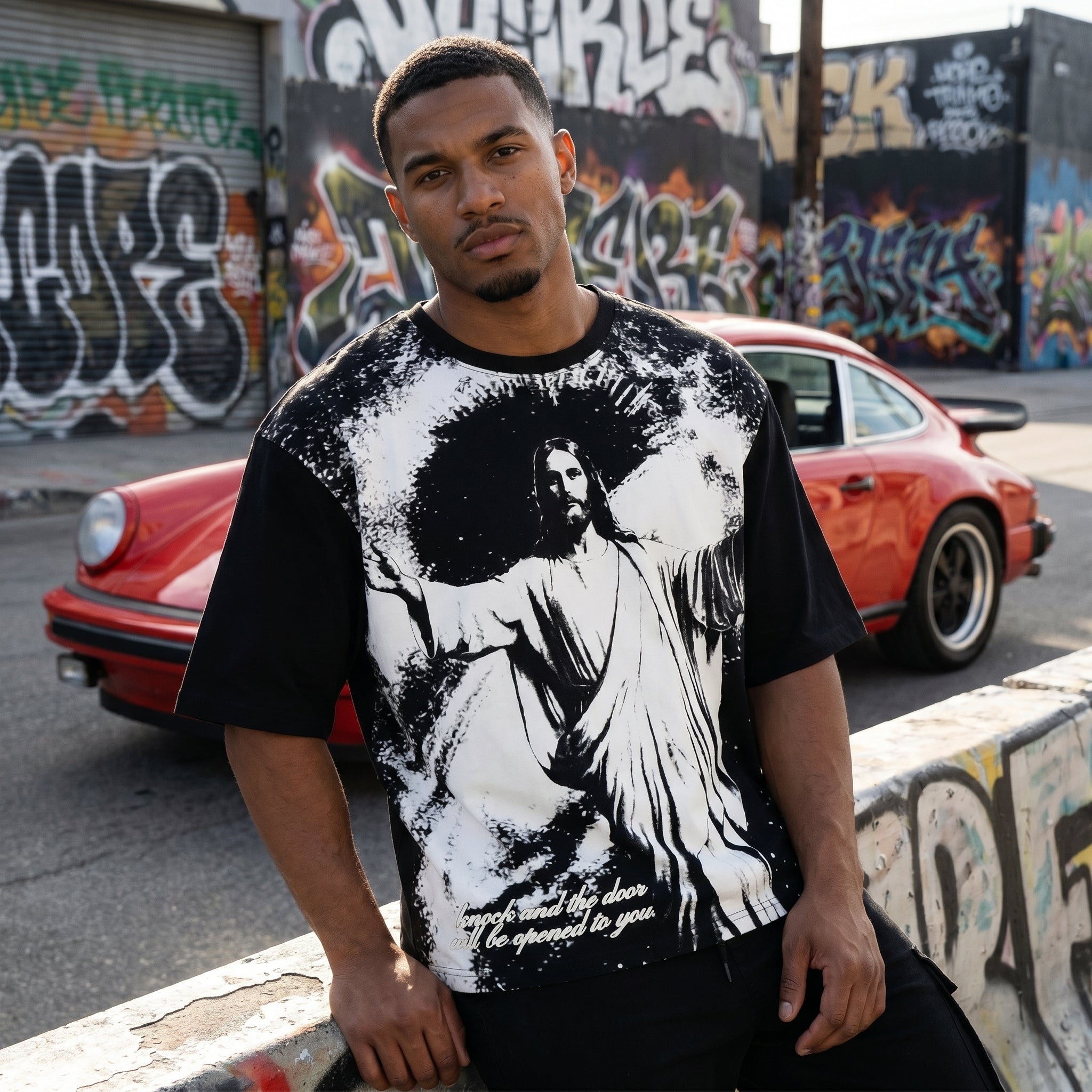 Oversized JEVPE Jesus graphic streetwear tee featuring vintage religious design, soft cotton fabric, and bold artistic print.