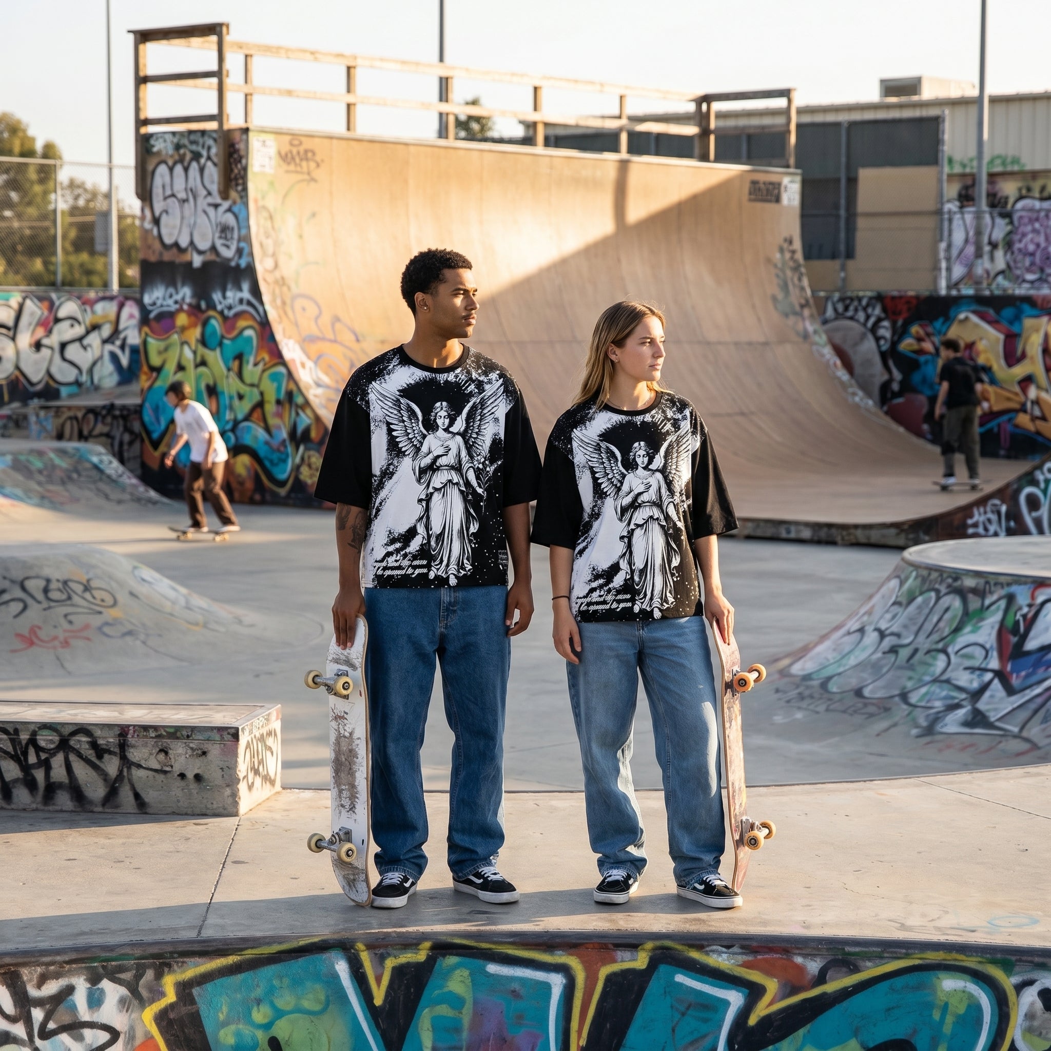 JEVPE oversized T-shirt featuring angel graphic and vintage religious streetwear style on soft fabric.