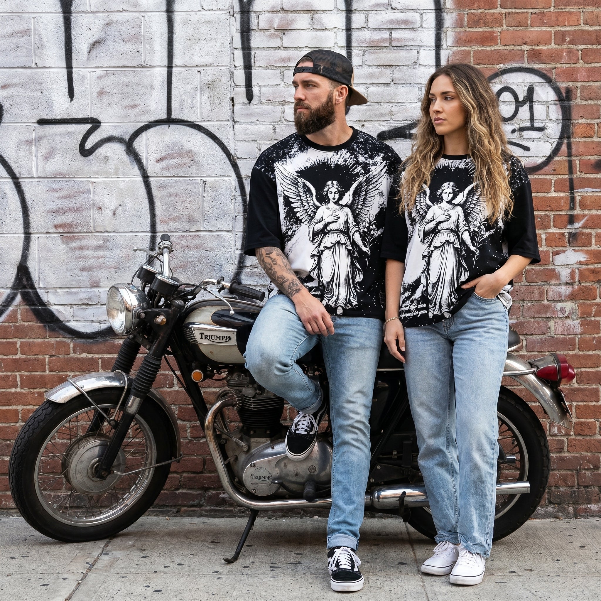 JEVPE oversized T-shirt featuring angel graphic and vintage religious streetwear style, casual fit with bold print design.