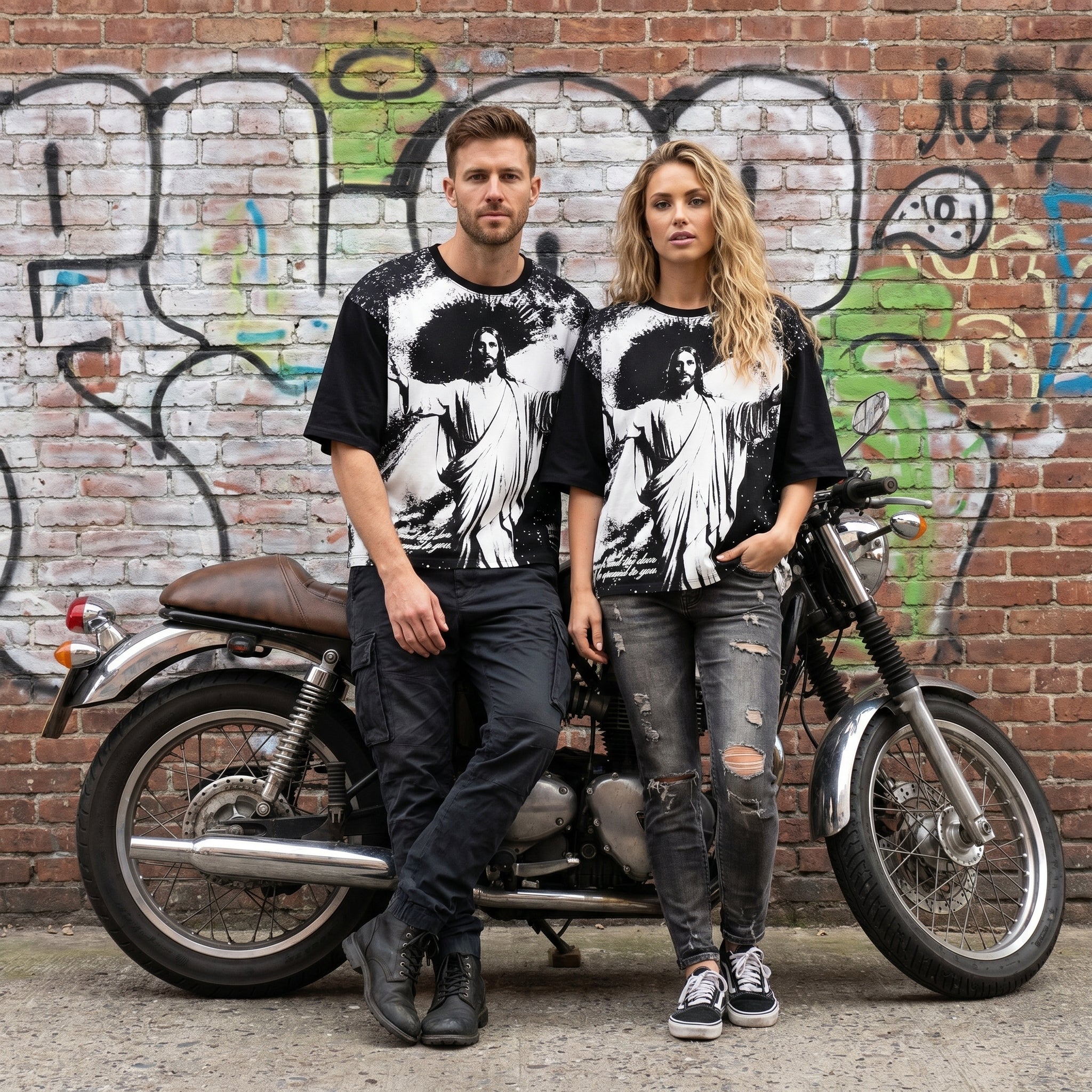 Oversized JEVPE Jesus graphic T-shirt featuring vintage religious streetwear style with bold religious artwork on soft fabric