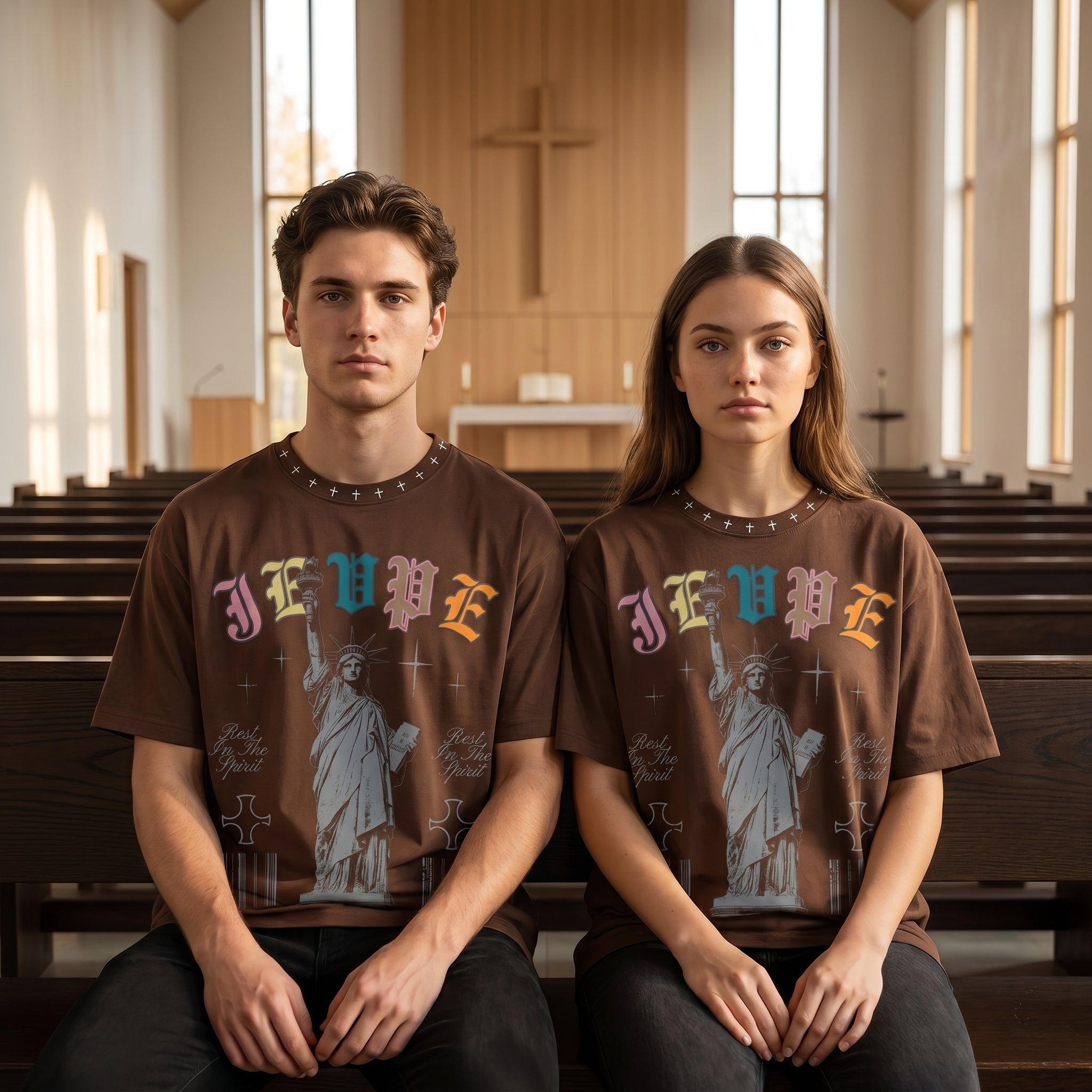 JEVPE oversized T-shirt featuring a vintage Gothic Statue of Liberty graphic, streetwear style, with bold design and relaxed fit.