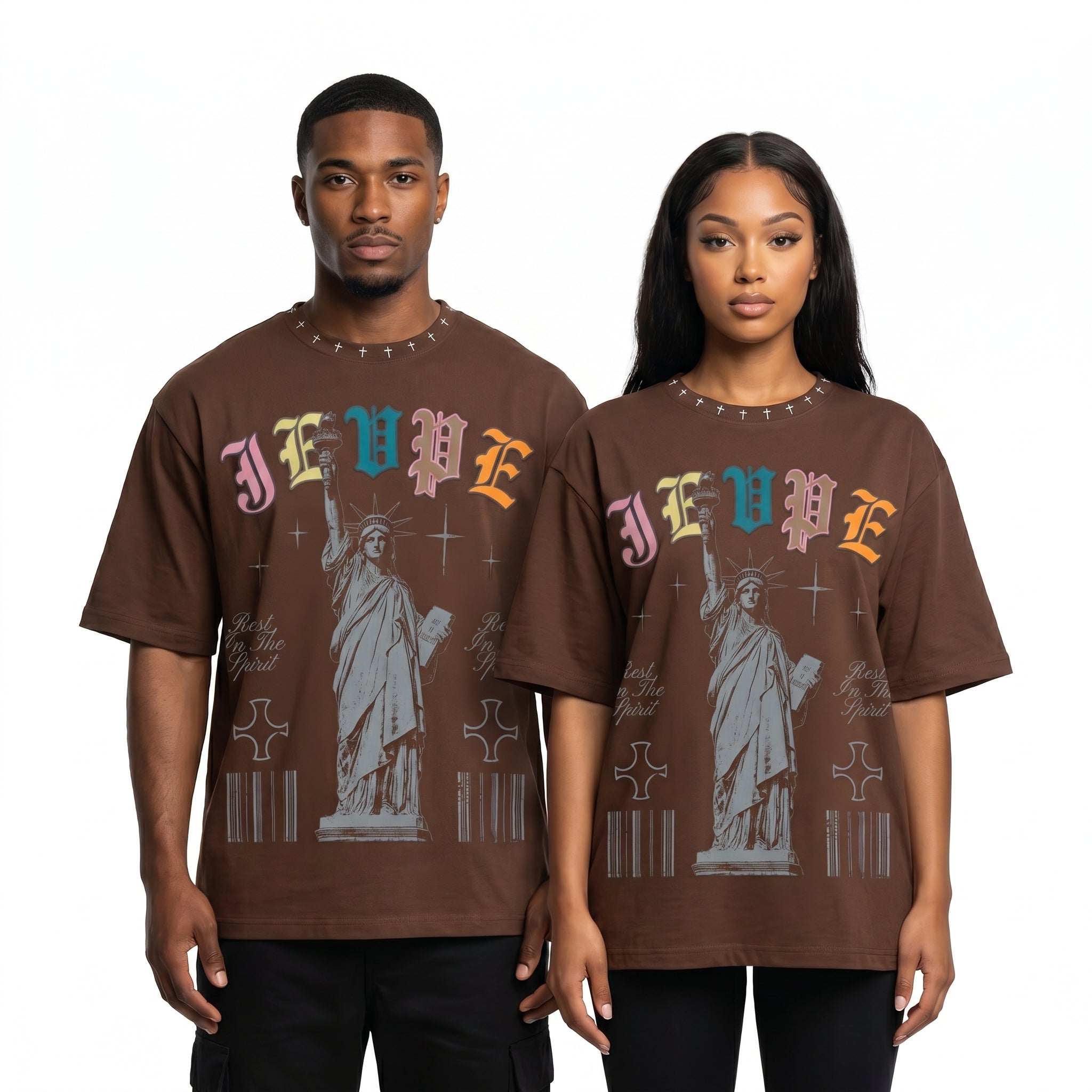 JEVPE oversized T-shirt featuring a vintage Gothic Statue of Liberty graphic, streetwear style, casual and bold design.