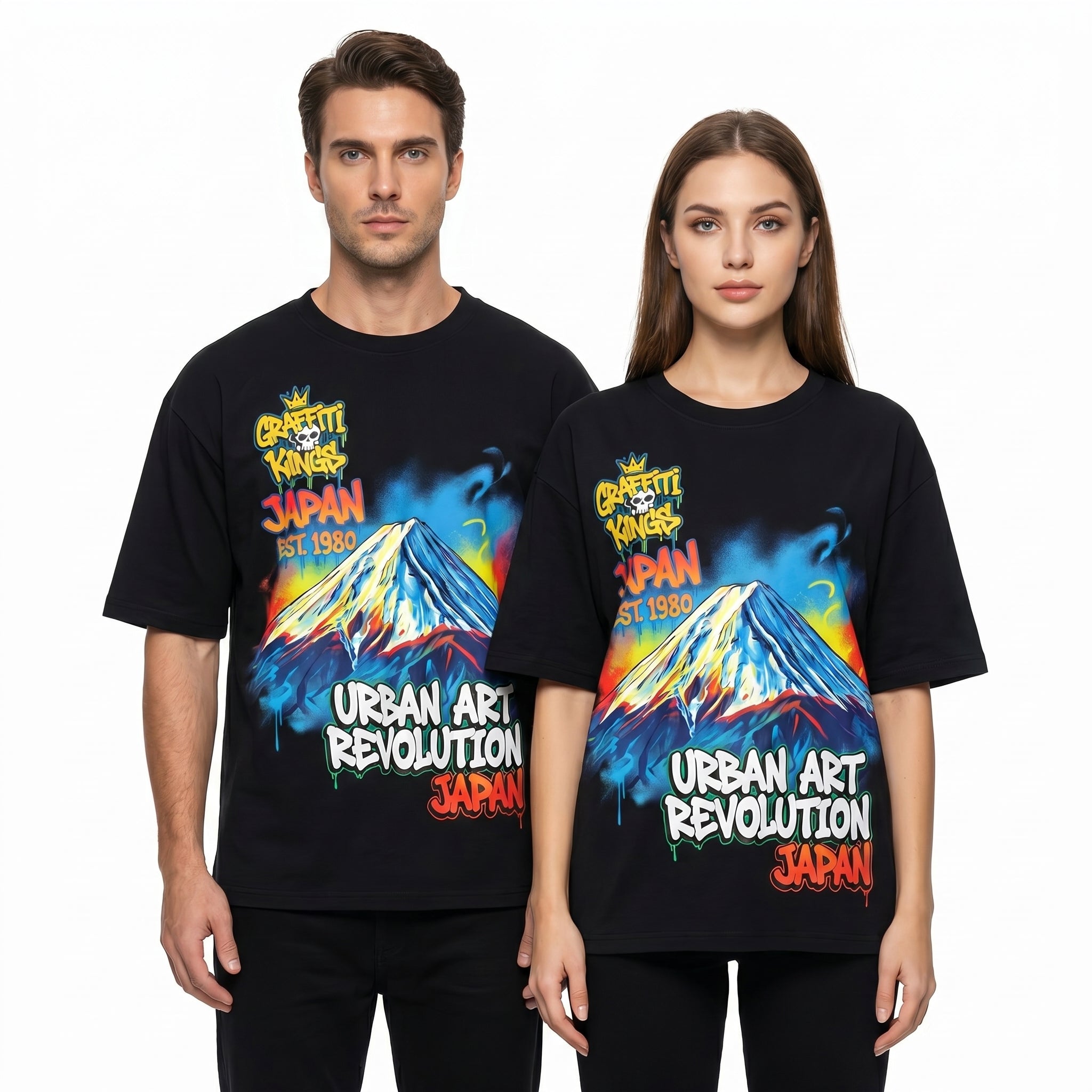 JEVPE Mount Fuji graffiti oversized T-shirt featuring urban streetwear design with Mount Fuji and graffiti art in bold colors.