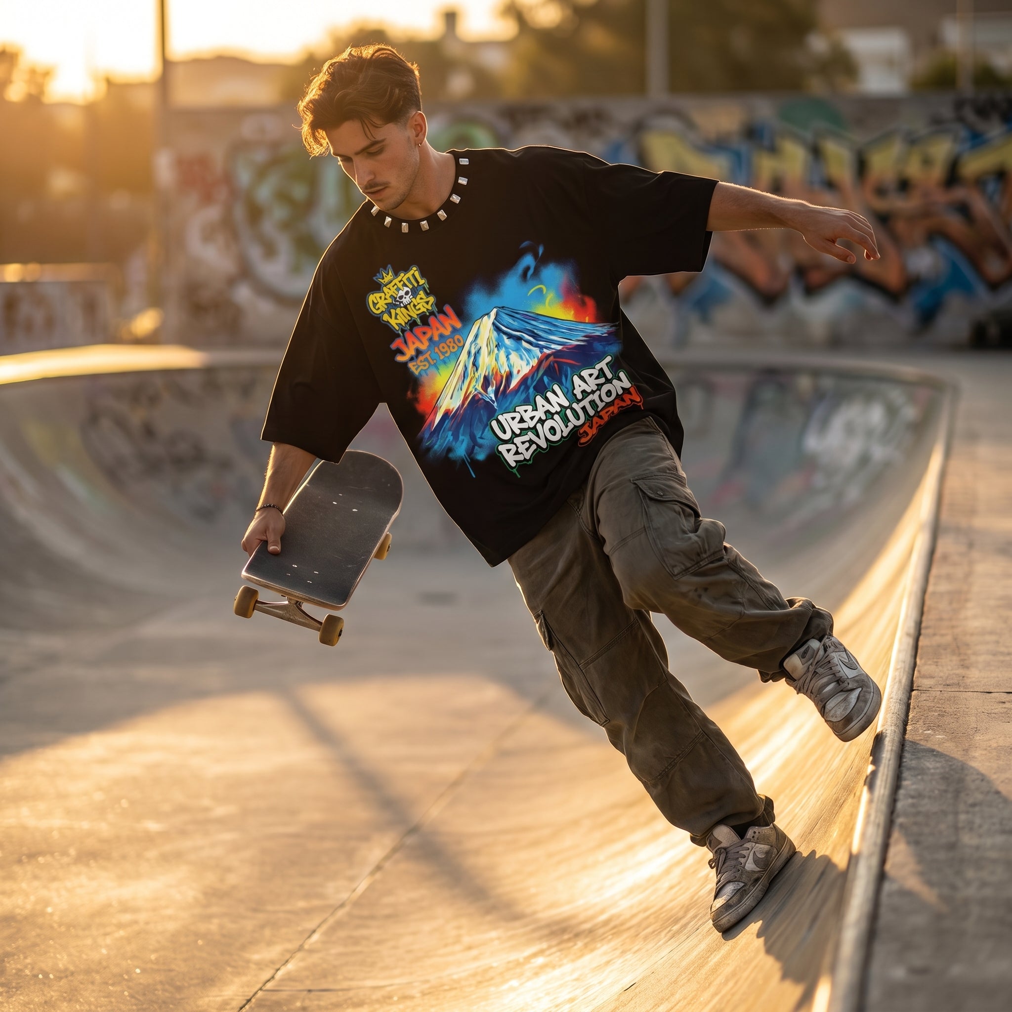 JEVPE Mount Fuji graffiti oversized T-shirt featuring Japanese urban streetwear design with bold mountain and graffiti artwork.