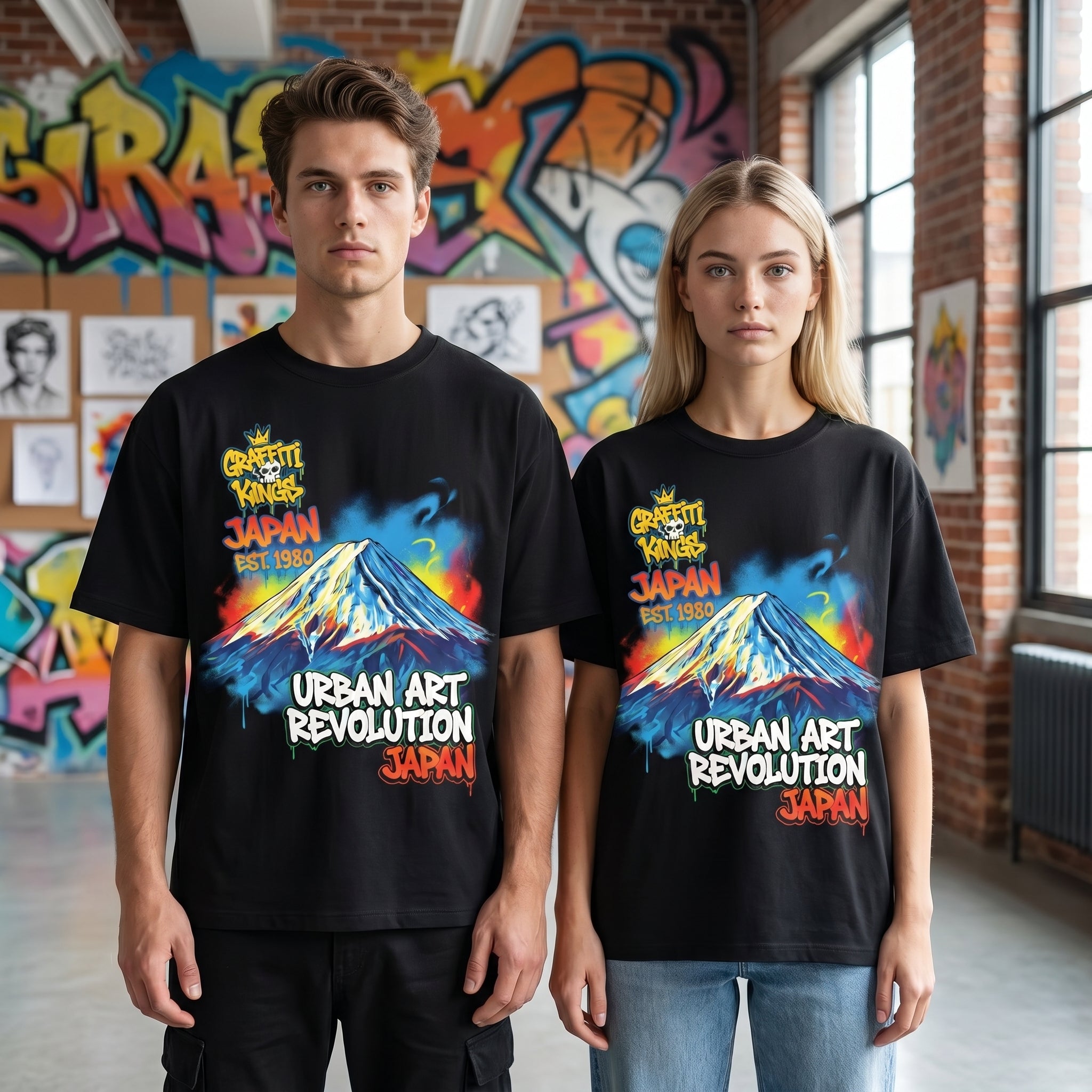 JEVPE Mount Fuji graffiti oversized T-shirt featuring bold Japanese urban streetwear design with Mount Fuji and street art elements.
