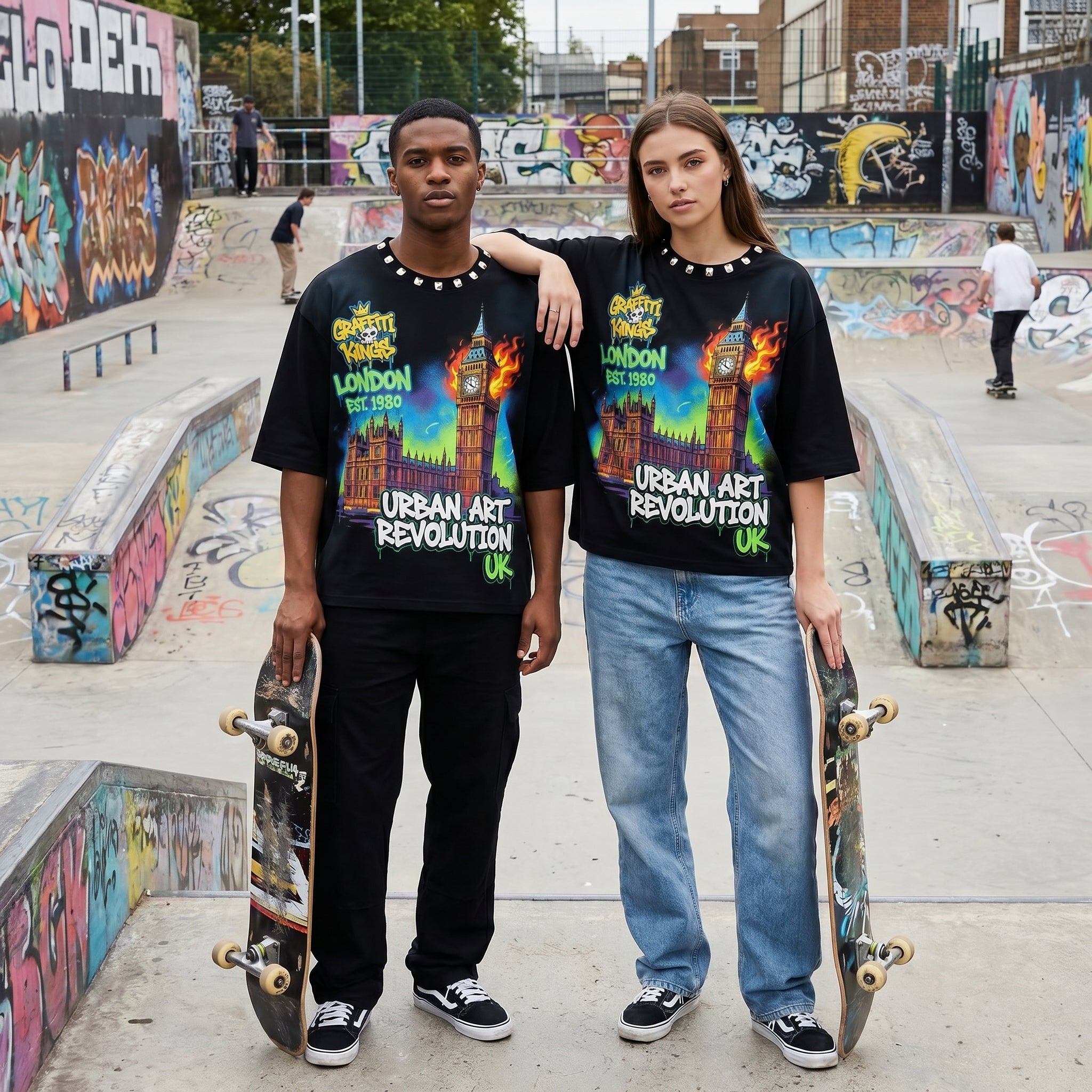 JEVPE London Big Ben graffiti oversized T-shirt featuring urban art streetwear design with bold cityscape graphics.