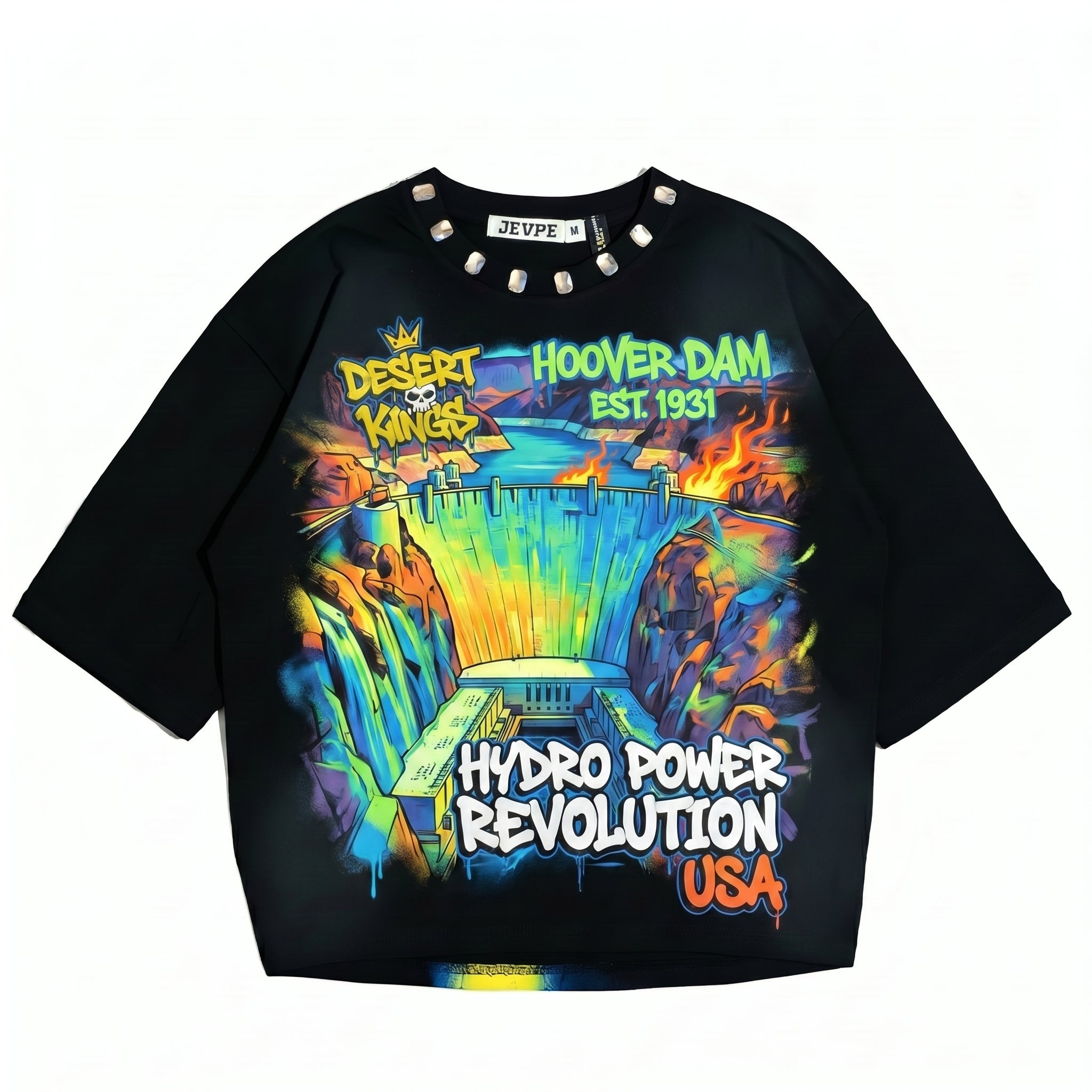 JEVPE Hoover Dam graffiti oversized T-shirt featuring bold dam artwork, perfect for American hydro power streetwear style.