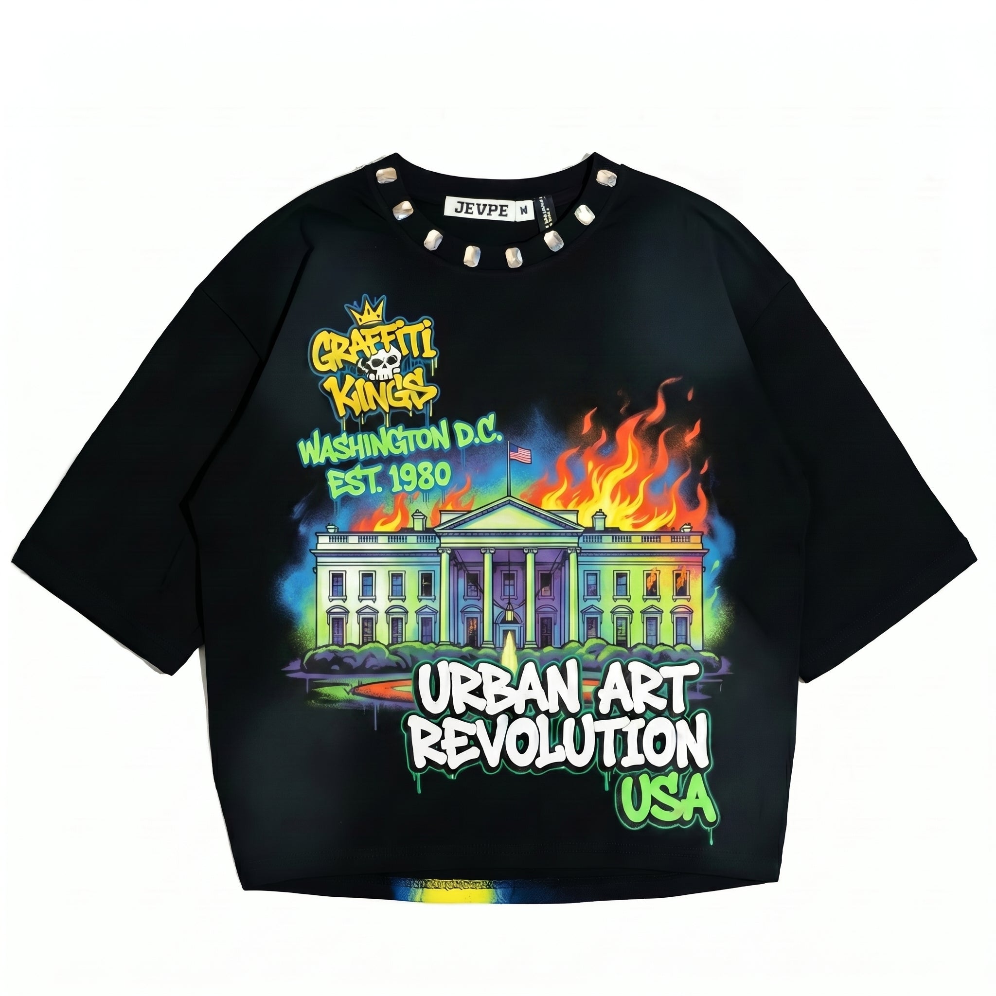 White oversized T-shirt with graffiti art design from JEVPE's urban streetwear collection, featuring bold street art imagery.