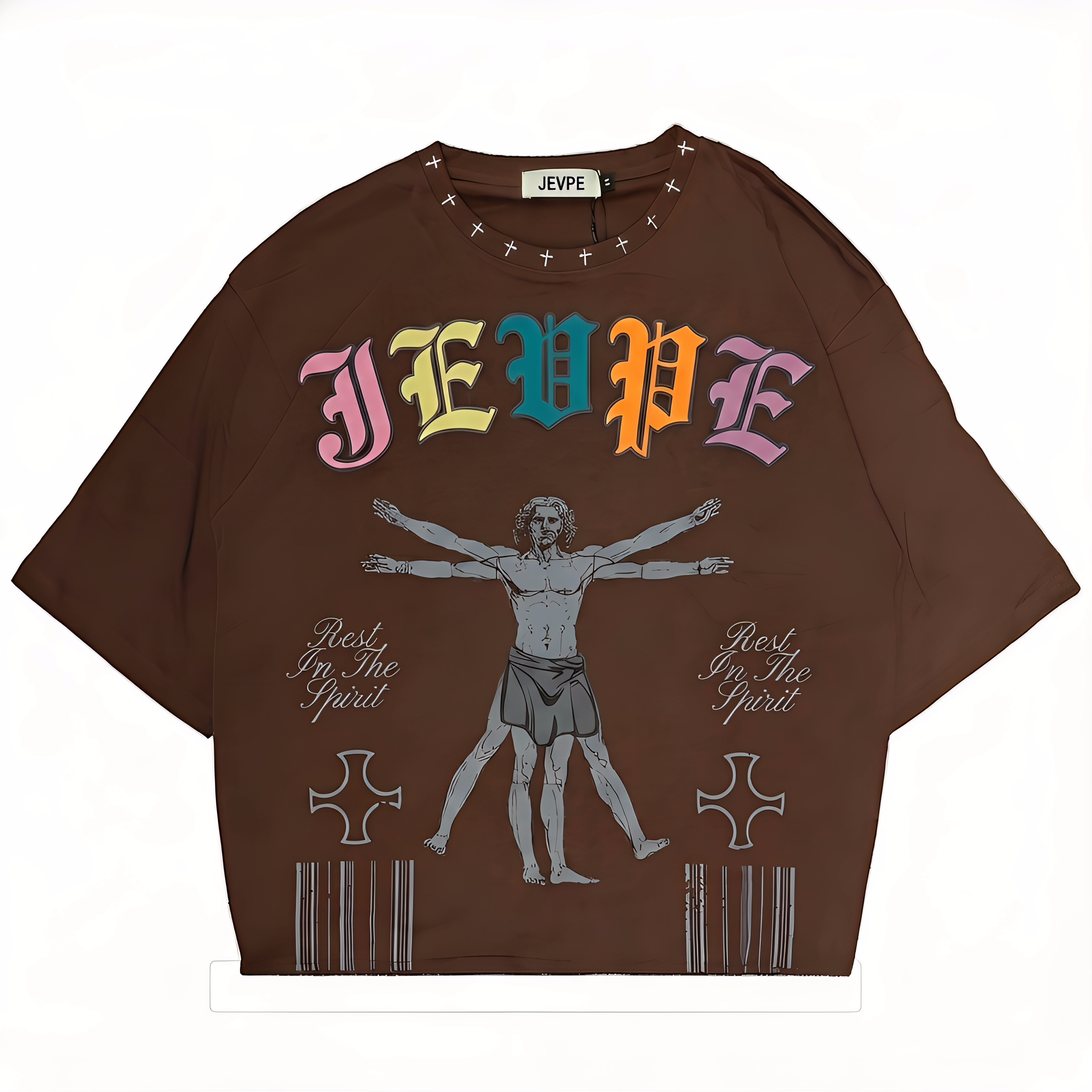 Oversized JEVPE Vitruvian Jesus graphic T-shirt featuring vintage gothic streetwear style with detailed religious artwork.