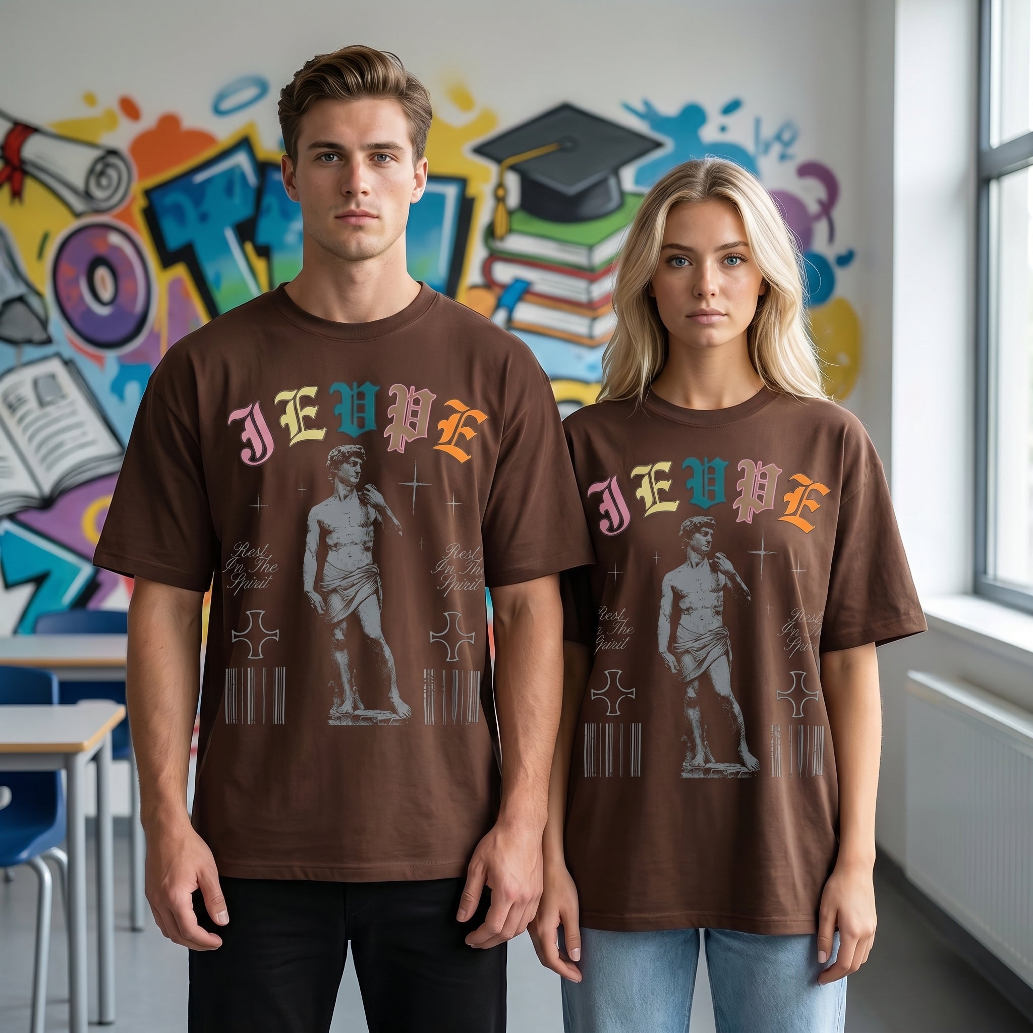 JEVPE David Statue graphic oversized T-shirt featuring vintage gothic streetwear style, with bold artistic print on front.
