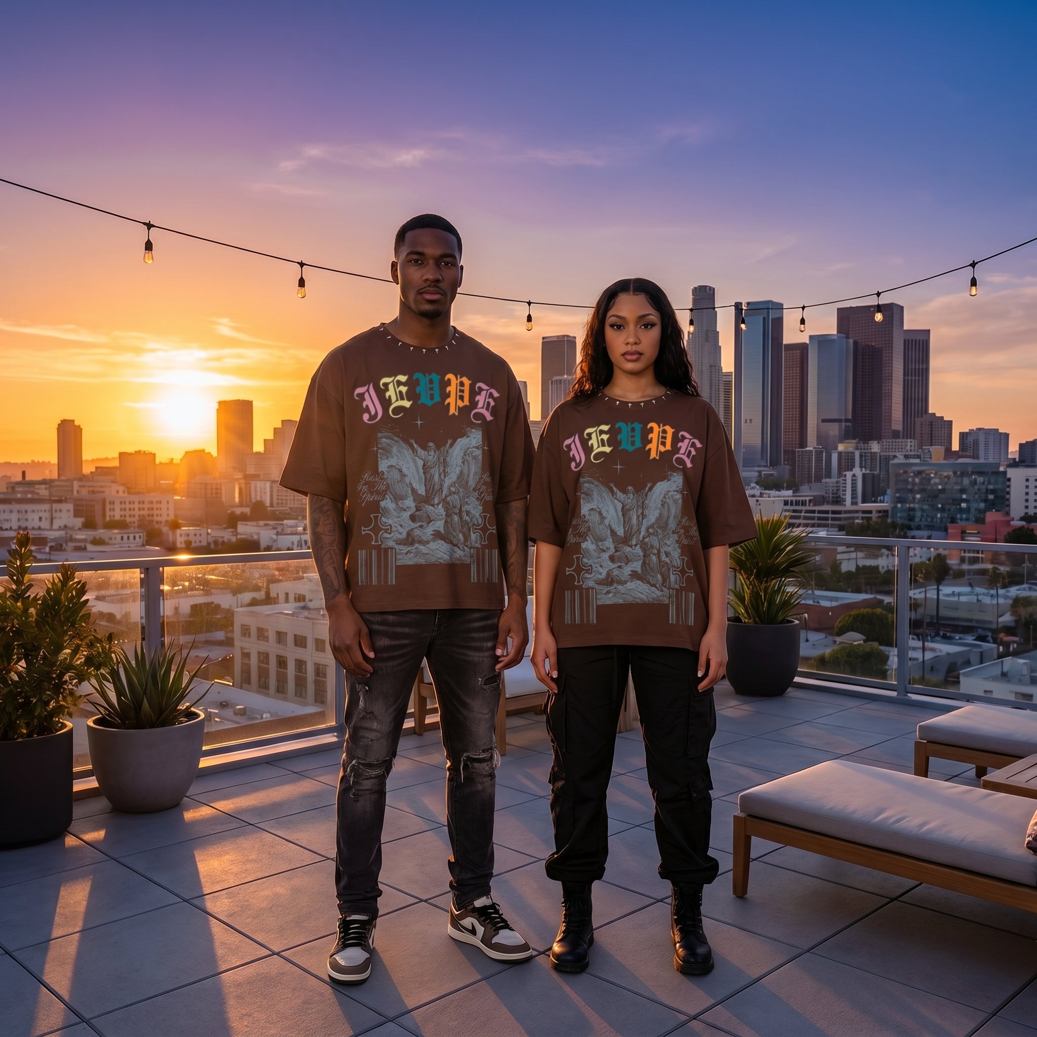 JEVPE oversized T-shirt featuring a vintage biblical scene graphic, gothic streetwear style with religious artwork print.