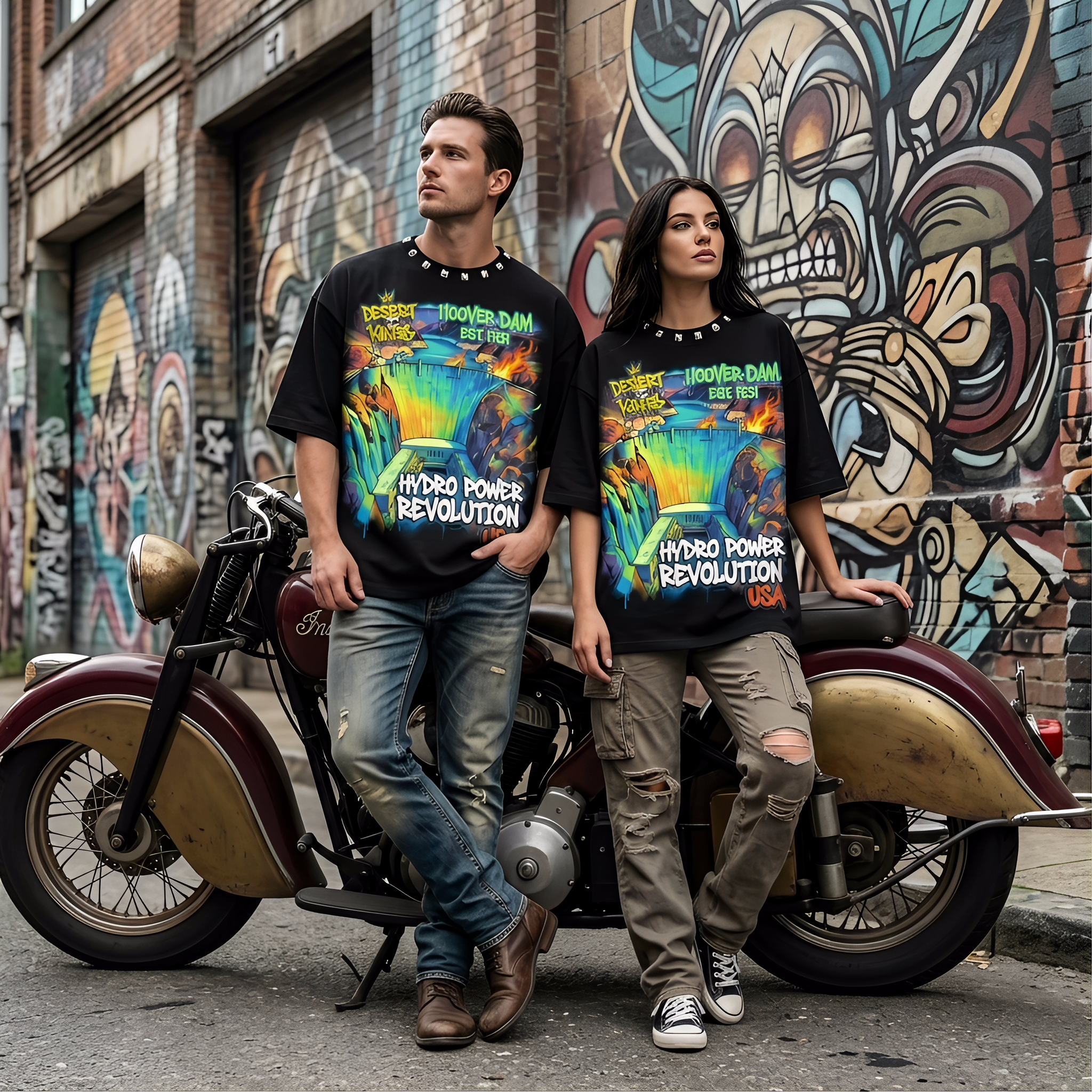 JEVPE Hoover Dam graffiti oversized T-shirt featuring bold American hydro power streetwear design on white fabric.
