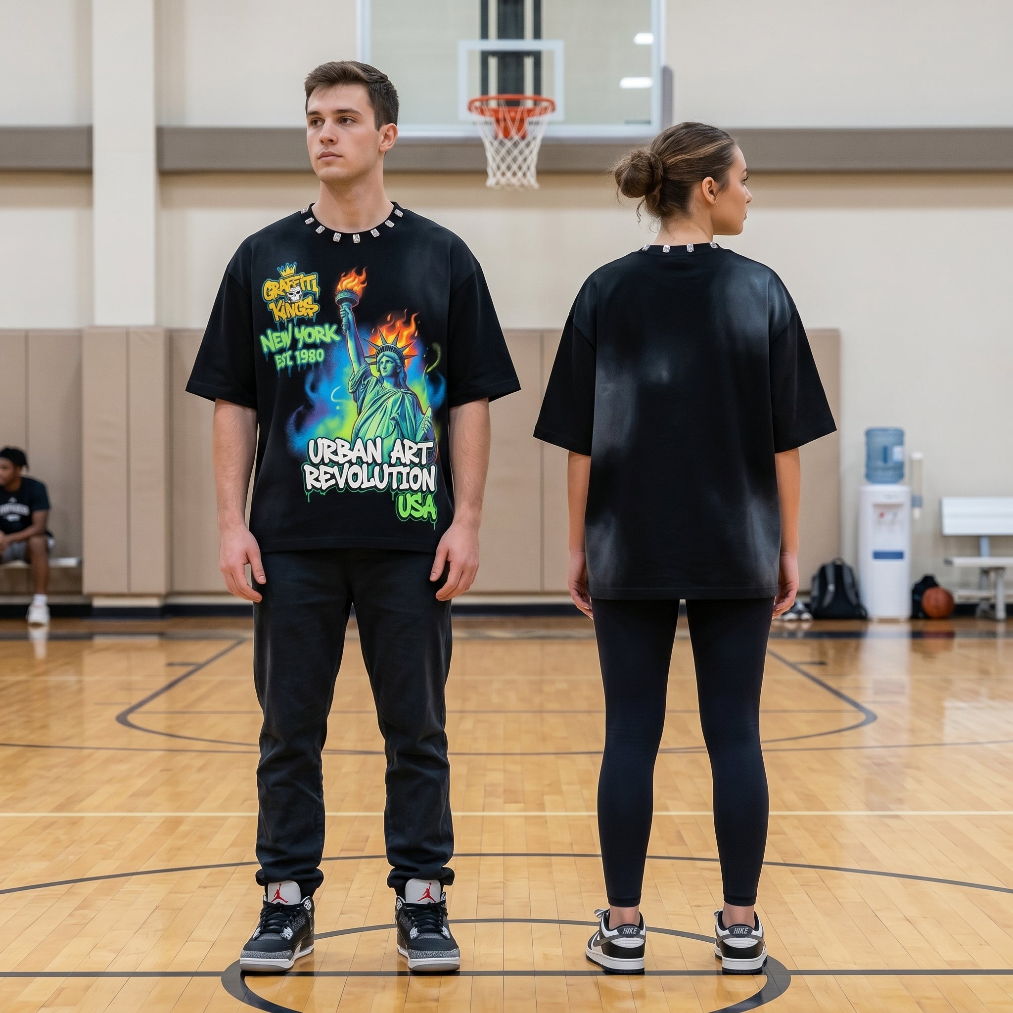 JEVPE oversized T-shirt featuring Statue of Liberty graffiti design, ideal for New York urban streetwear style.