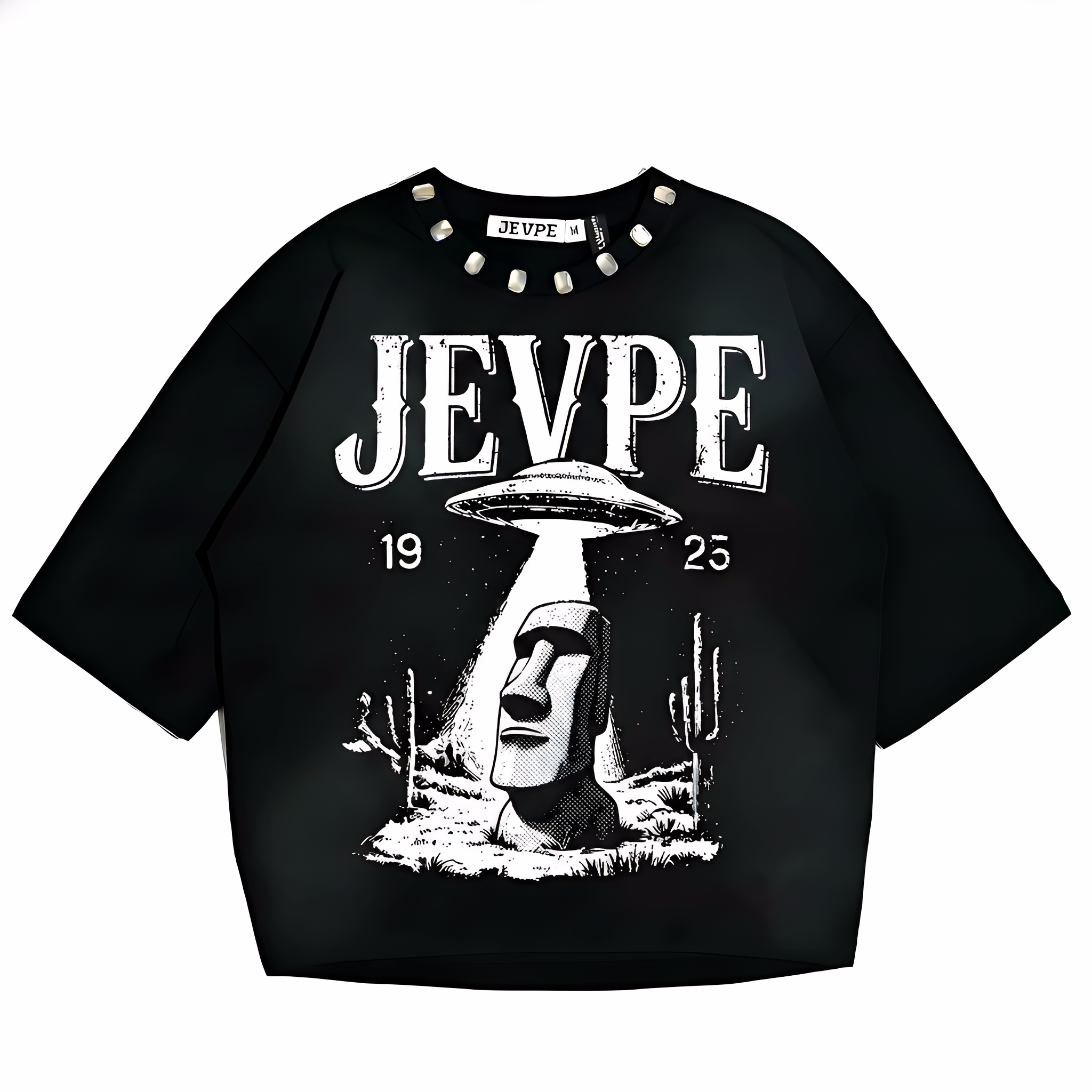 JEVPE UFO Moai graphic oversized T-shirt featuring retro sci-fi streetwear style with vibrant Moai and UFO print.