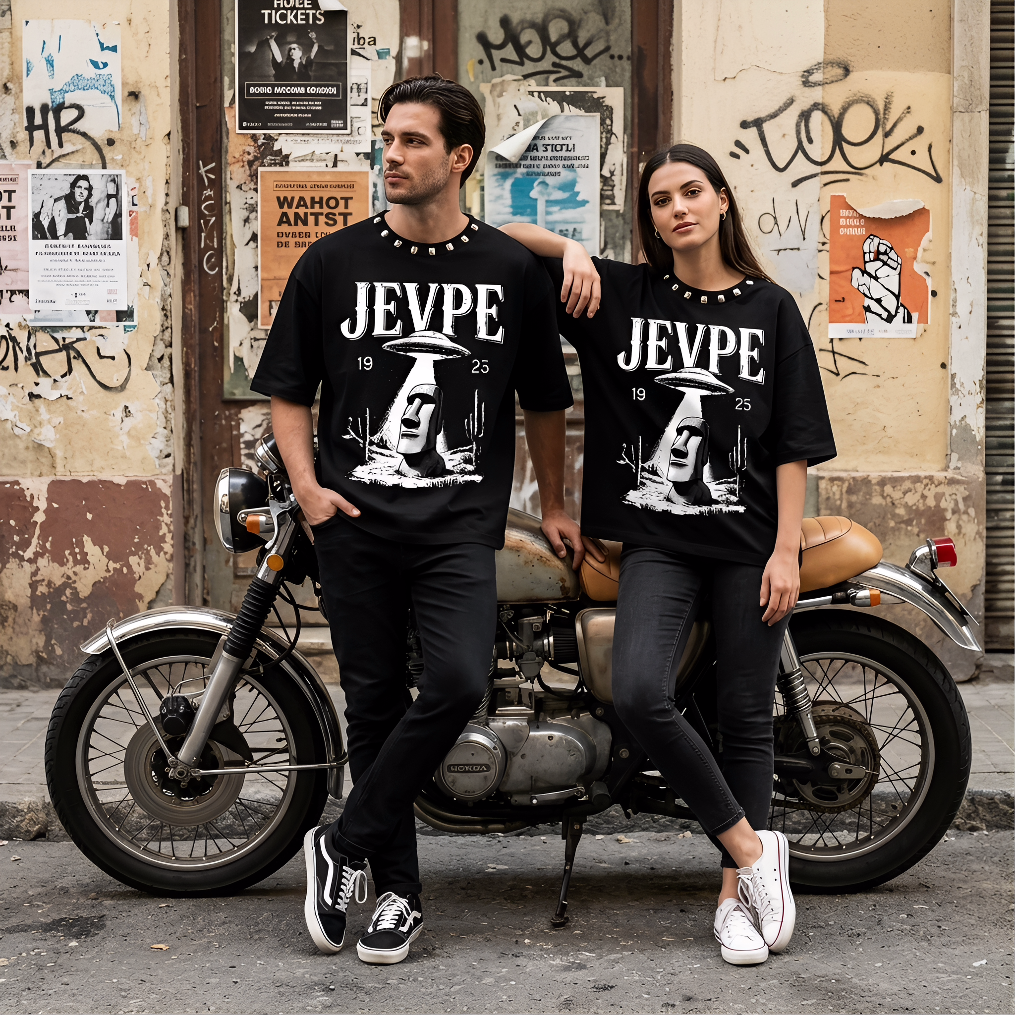 JEVPE UFO Moai graphic oversized T-shirt featuring retro sci-fi streetwear with a UFO and Moai design on the front.