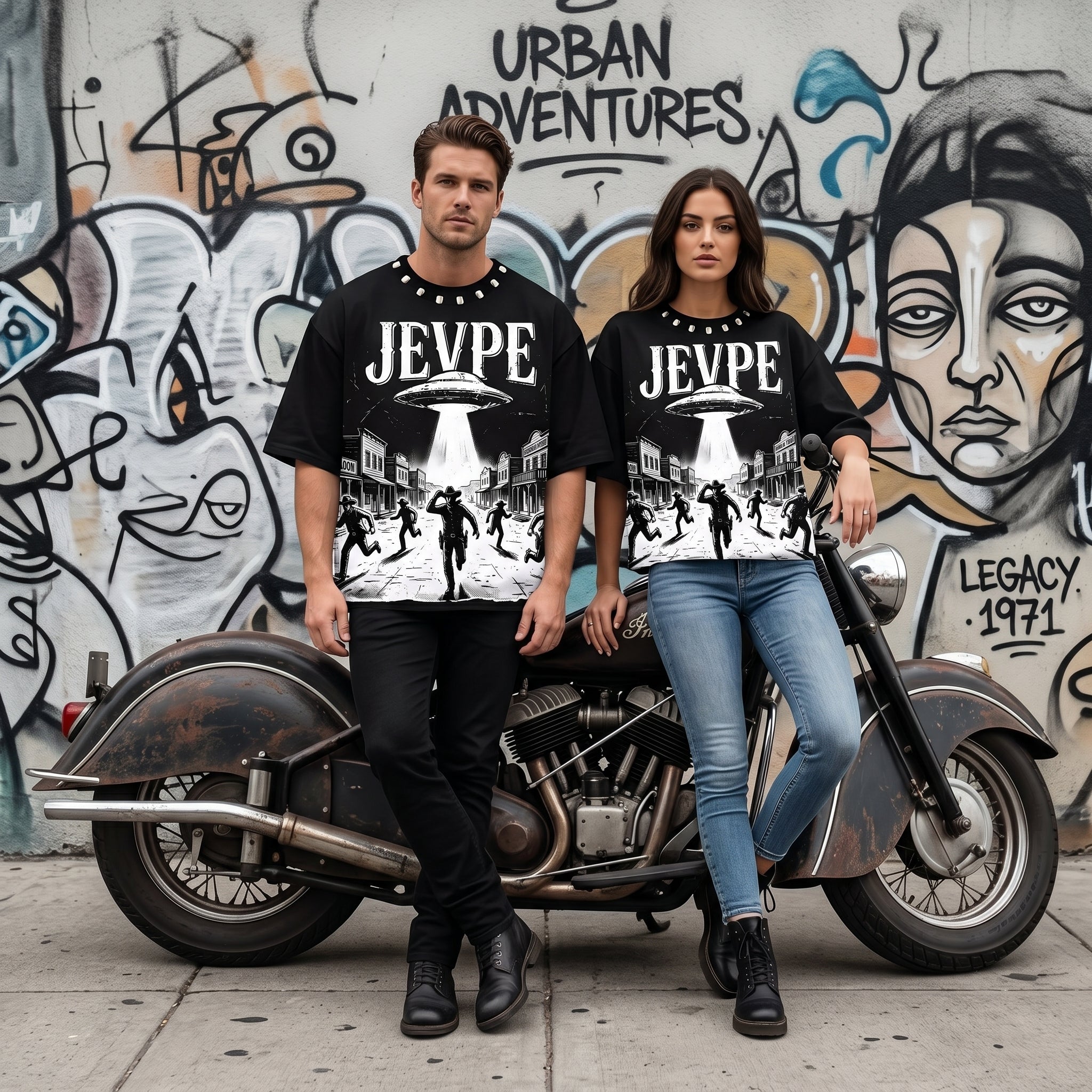 JEVPE UFO Western Cowboy graphic oversized T-shirt featuring retro sci-fi design and Western cowboy artwork on a casual streetwear shirt.