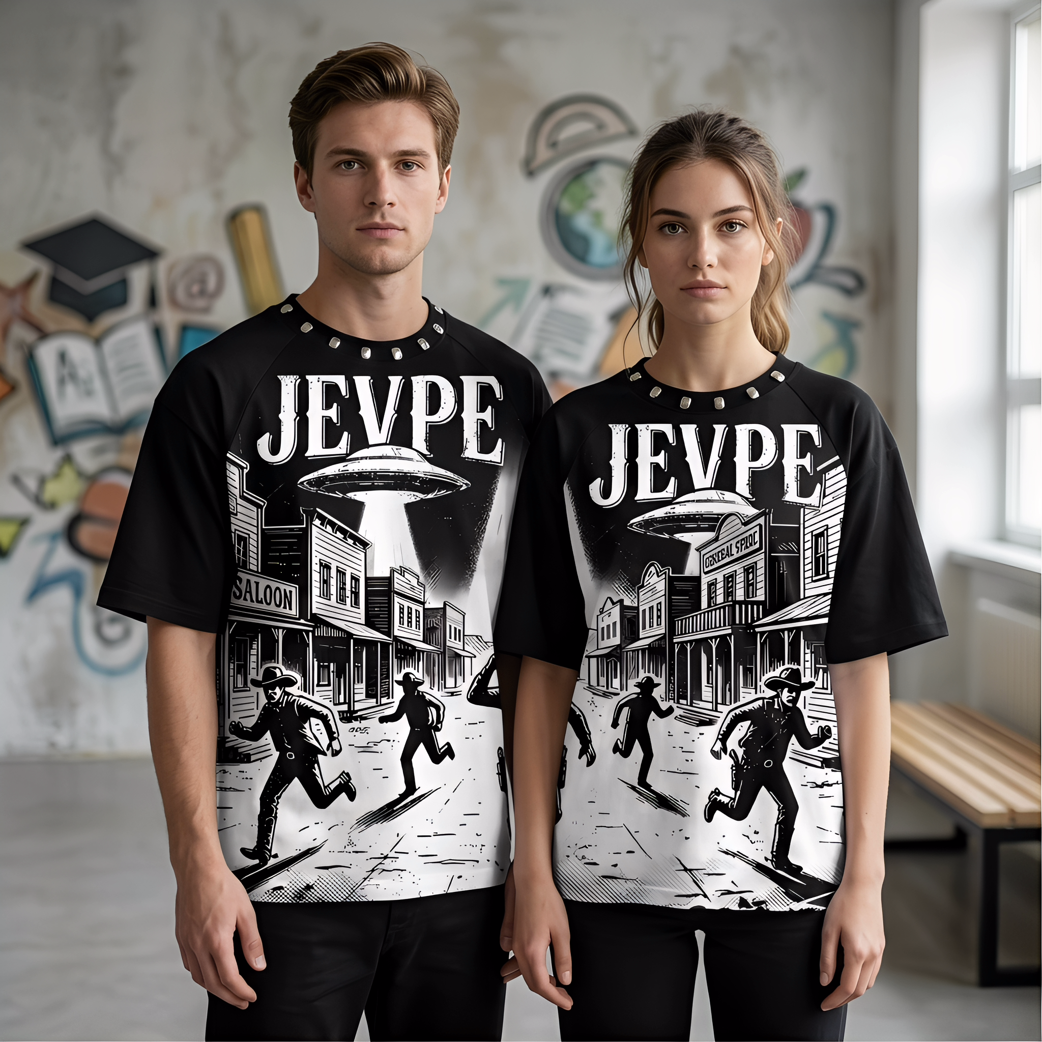JEVPE UFO Western Cowboy graphic oversized T-shirt featuring retro sci-fi Western design on soft streetwear fabric.