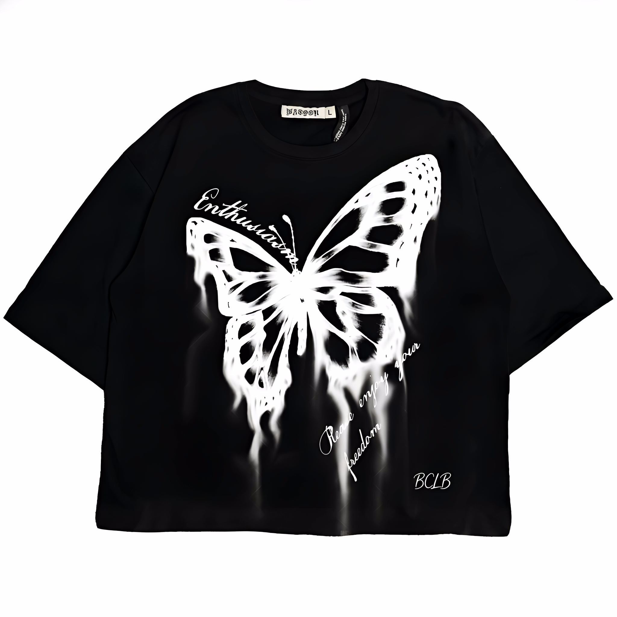 Black oversized T-shirt featuring a butterfly gothic design by JEVPE, showcasing edgy streetwear style and bold graphic art.