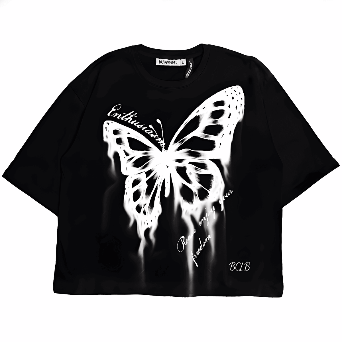 Black oversized T-shirt featuring a butterfly gothic design by JEVPE, showcasing edgy streetwear style and bold graphic art.