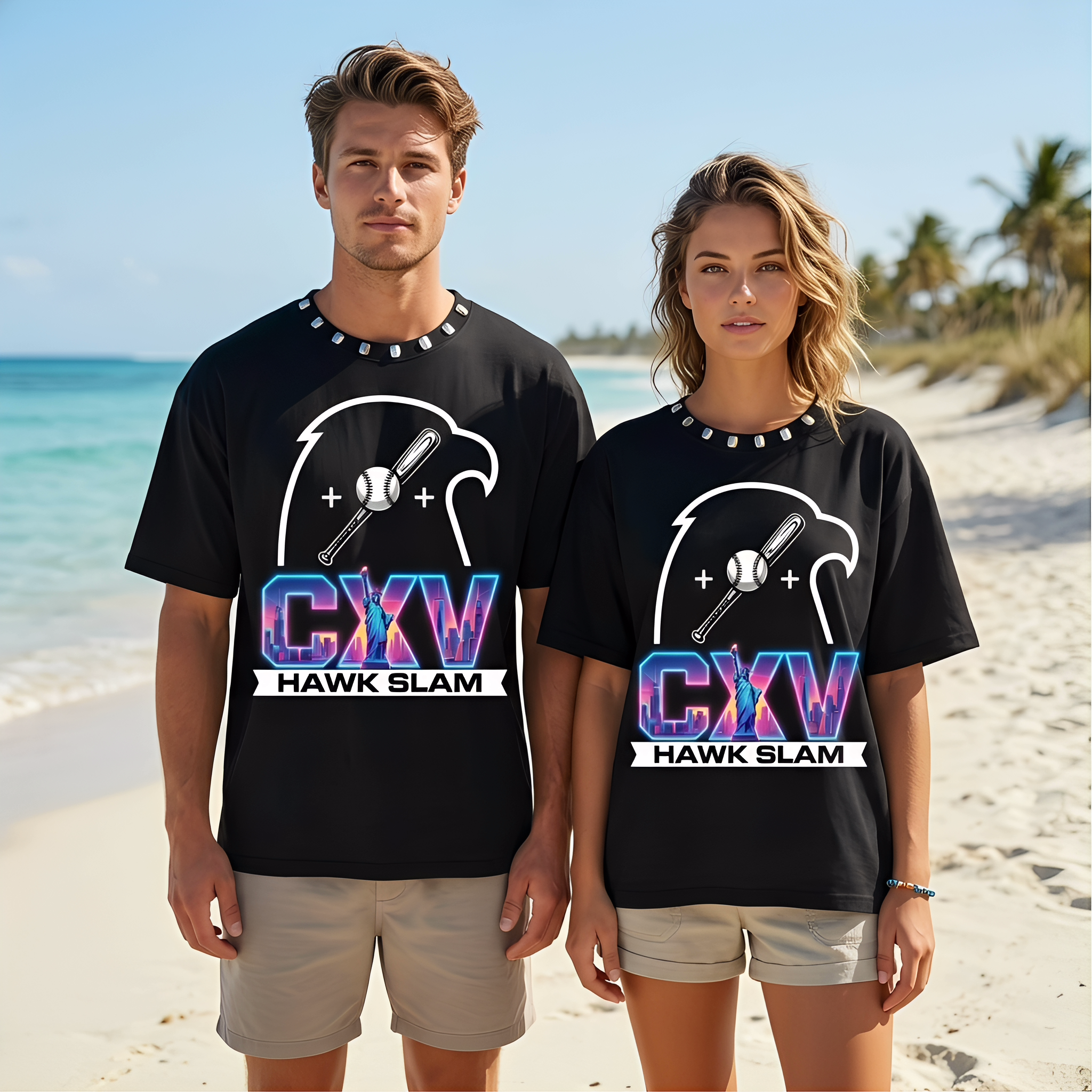 JEVPE CXV Hawk Slam baseball graphic oversized T-shirt featuring bold NYC sports streetwear design and vibrant graphic print.