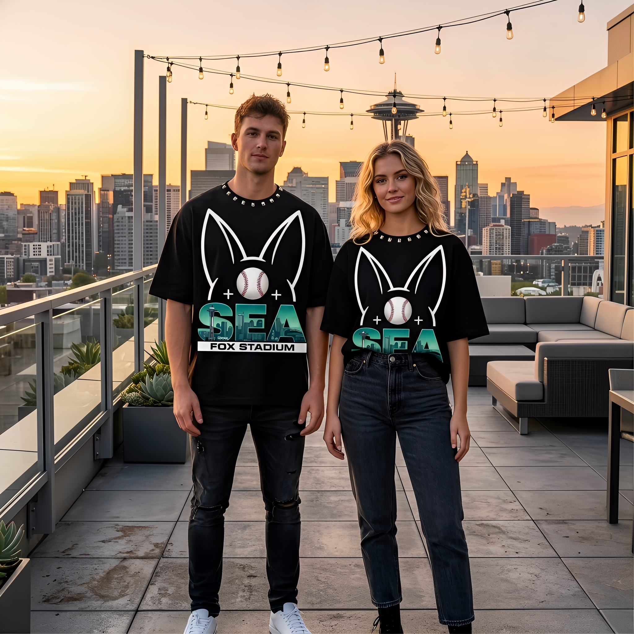 JEVPE Seattle SEA Fox Stadium oversized baseball graphic T-shirt featuring Seattle sports streetwear style and bold team logo print