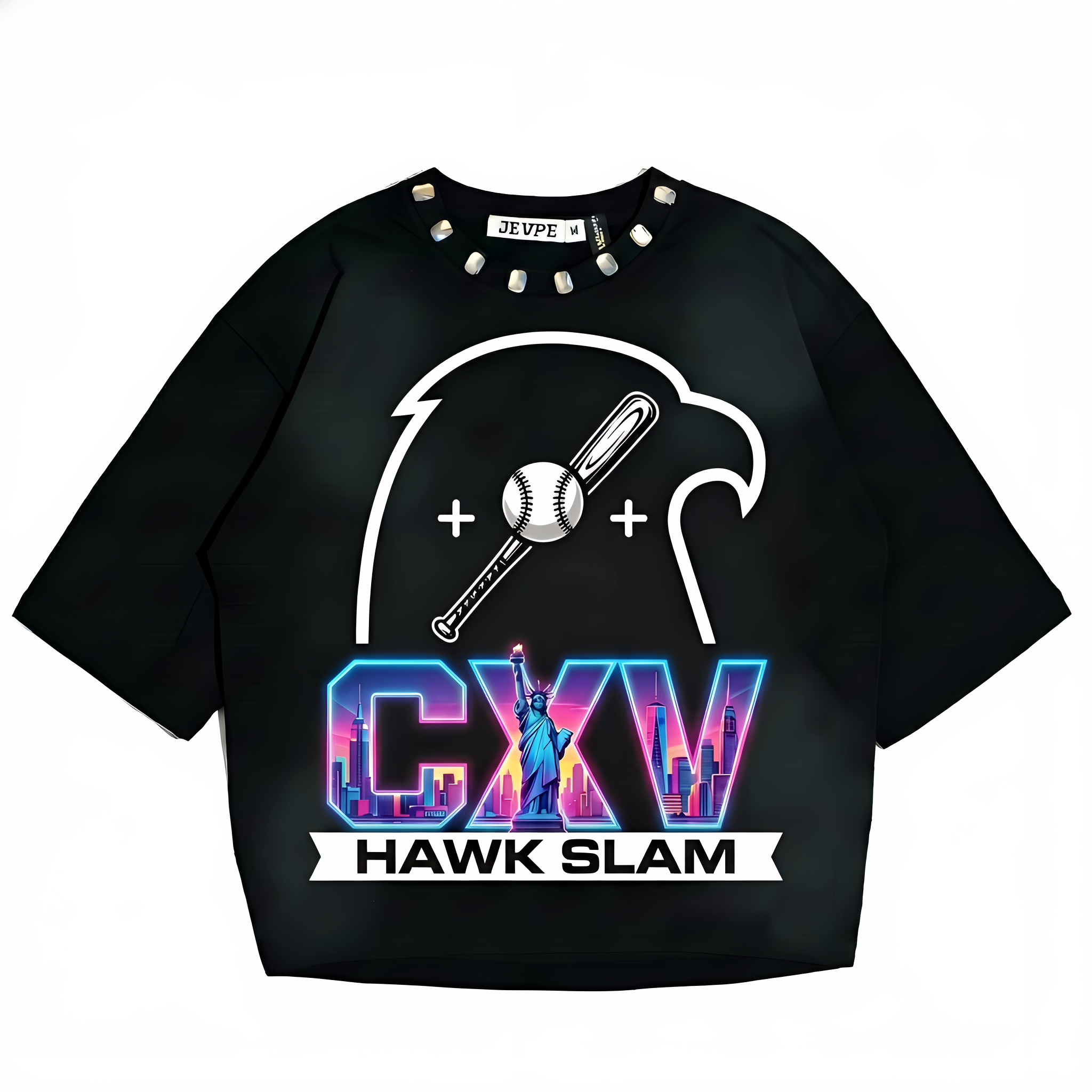 JEVPE CXV Hawk Slam oversized baseball graphic T-shirt featuring bold hawk design, streetwear style, in a relaxed fit.