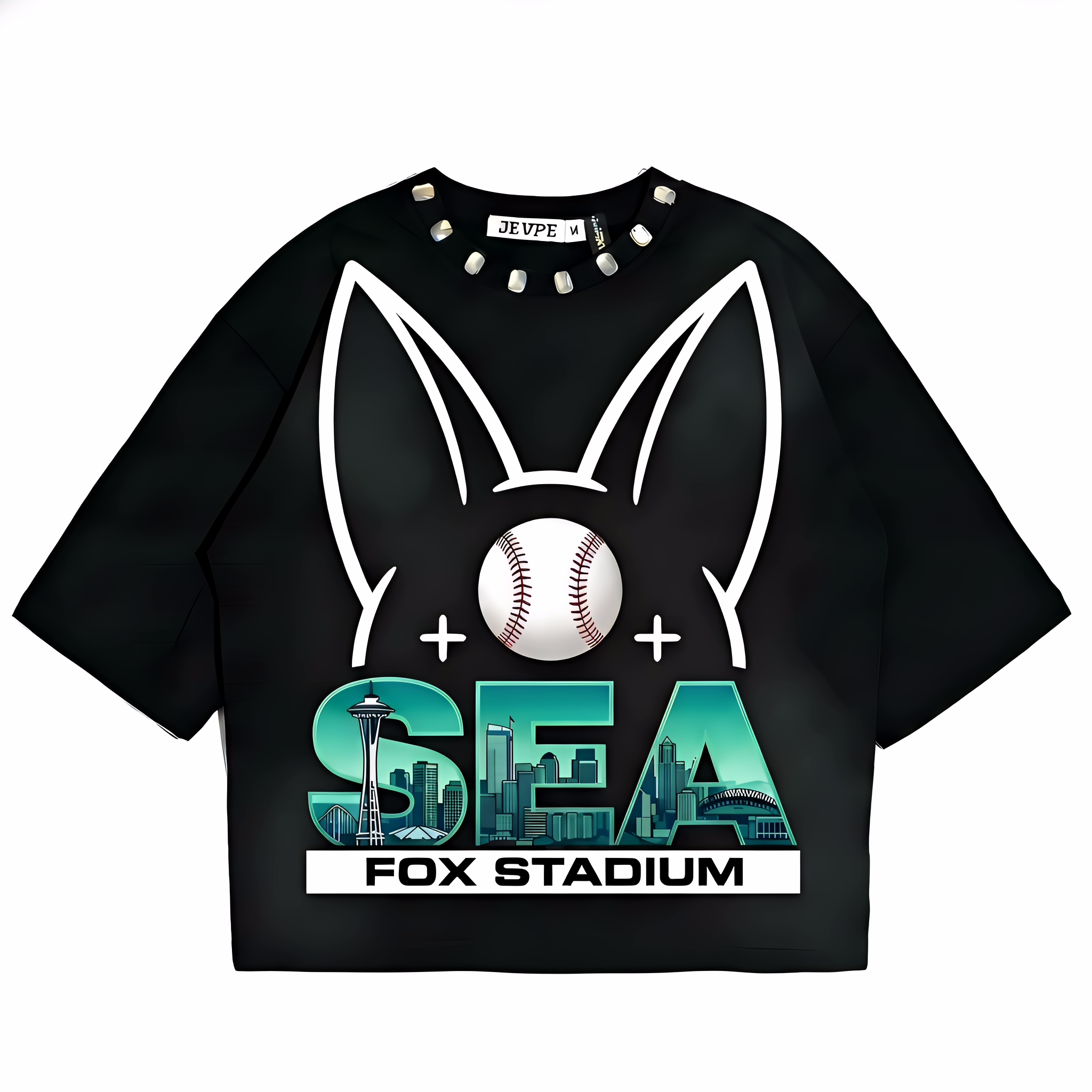 JEVPE Seattle SEA Fox Stadium oversized baseball graphic T-shirt featuring team logo and sports streetwear style.