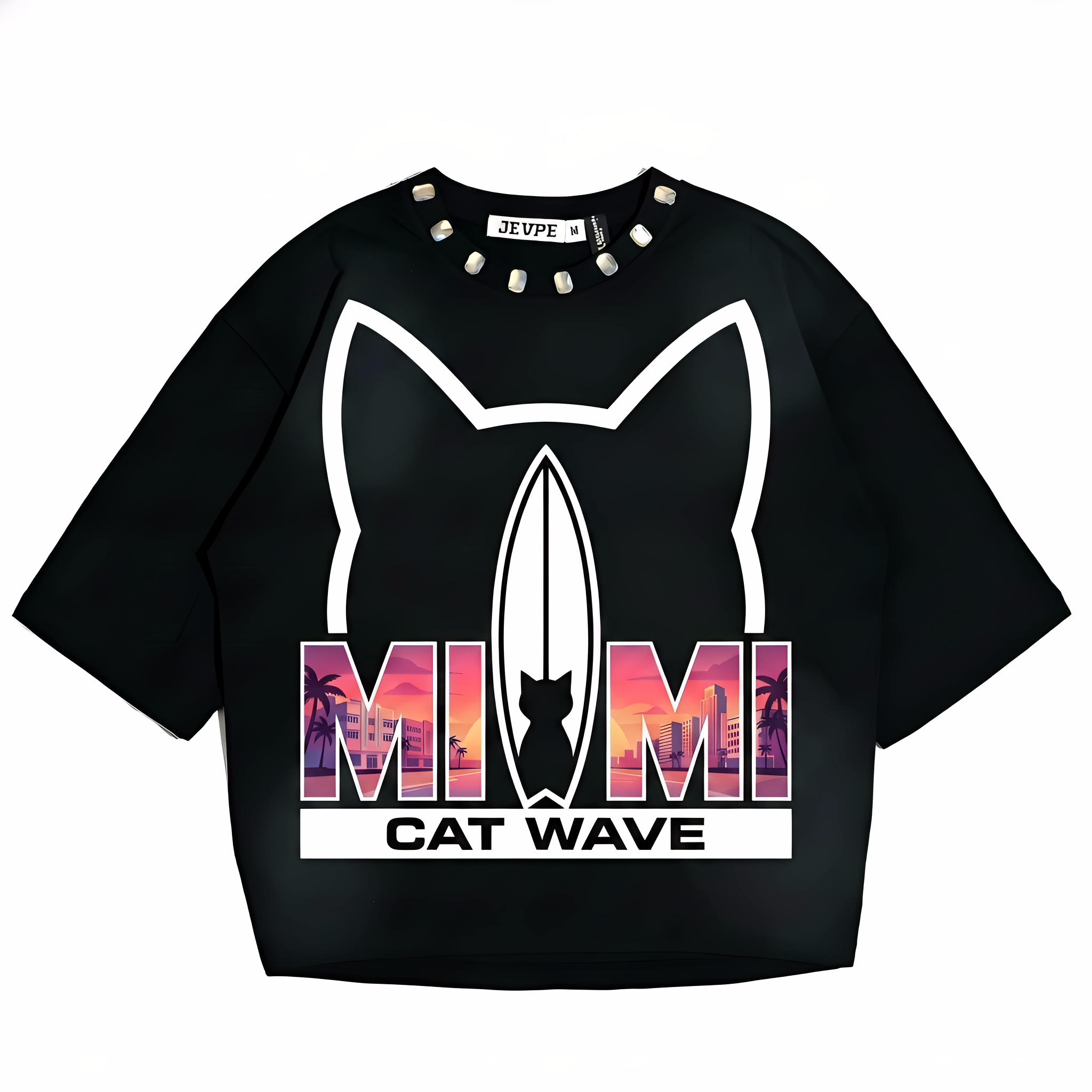 JEVPE Miami Cat Wave Surf oversized T-shirt with Miami Beach streetwear graphic, featuring colorful cat and wave designs on light fabric.