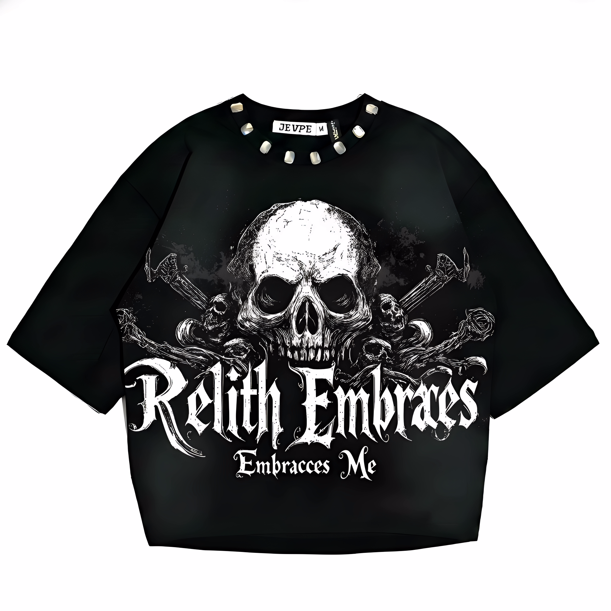 JEVPE Relith Embraces Me Skull Gothic oversized T-shirt featuring a bold skull graphic and edgy rock streetwear style.
