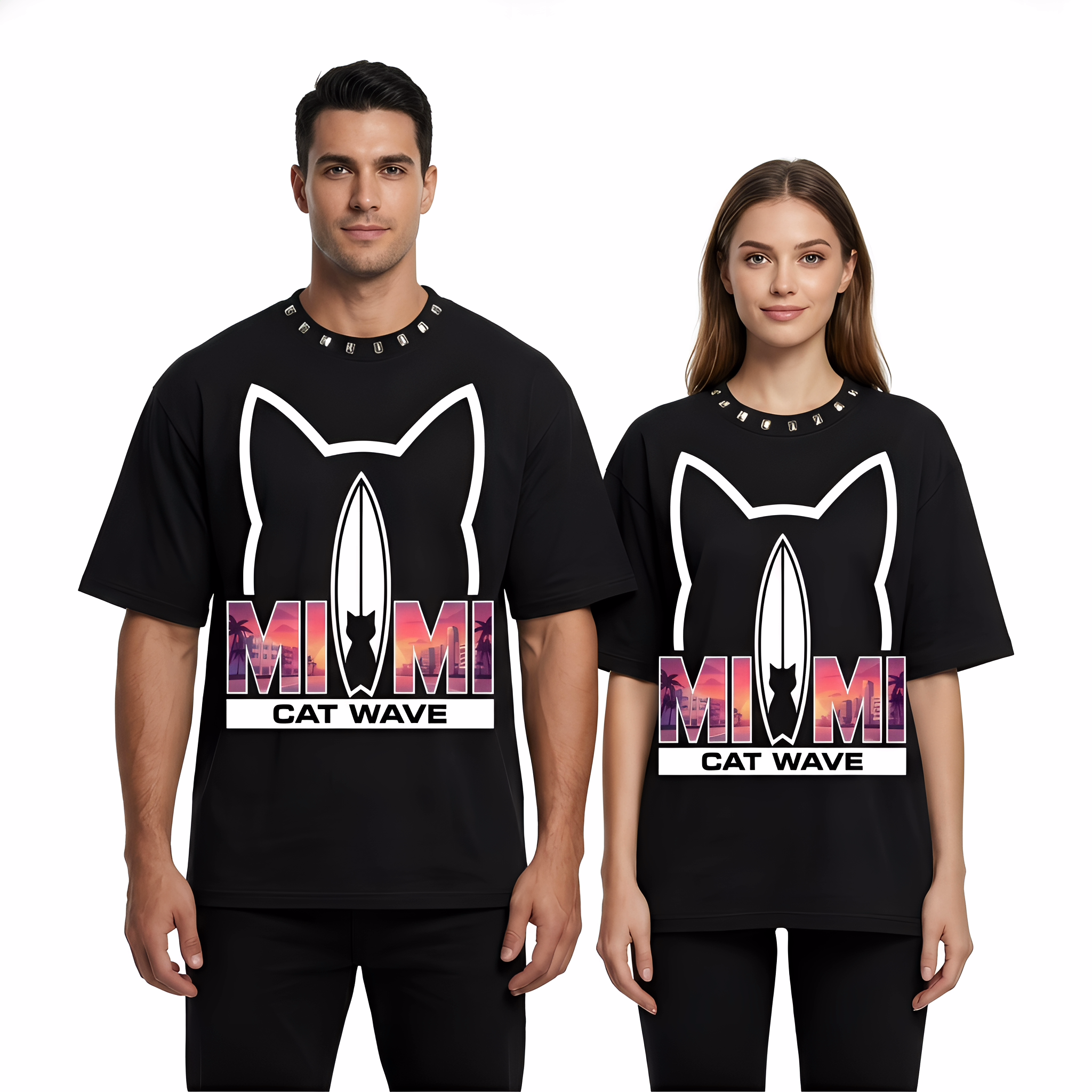 JEVPE Miami Cat Wave Surf oversized T-shirt featuring a colorful Miami Beach streetwear graphic and relaxed fit.