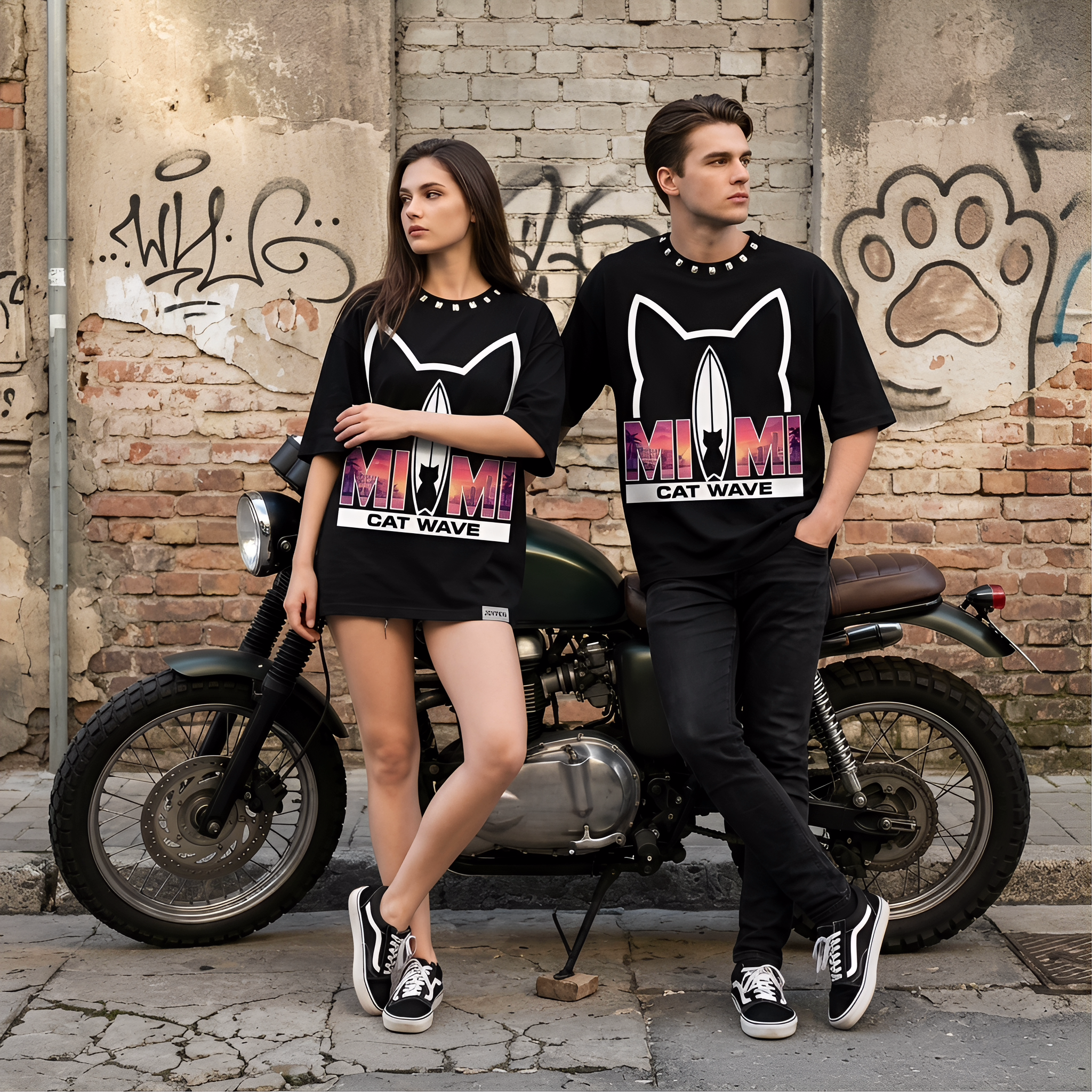 JEVPE Miami Cat Wave Surf oversized T-shirt with Miami Beach streetwear graphic, featuring a vibrant wave and cat design.