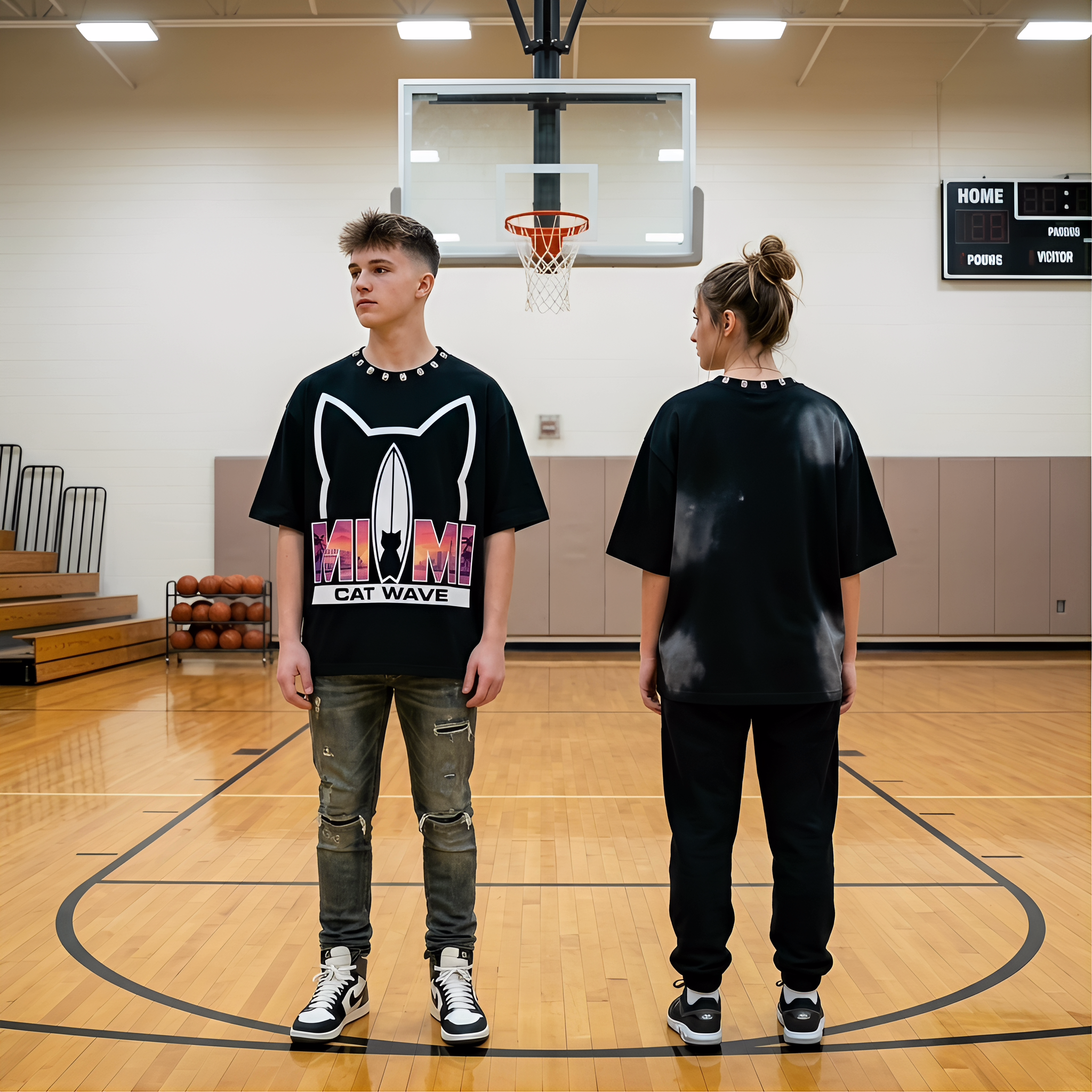JEVPE Miami Cat Wave Surf T-shirt with oversized fit, featuring vibrant Miami Beach streetwear graphic on front.
