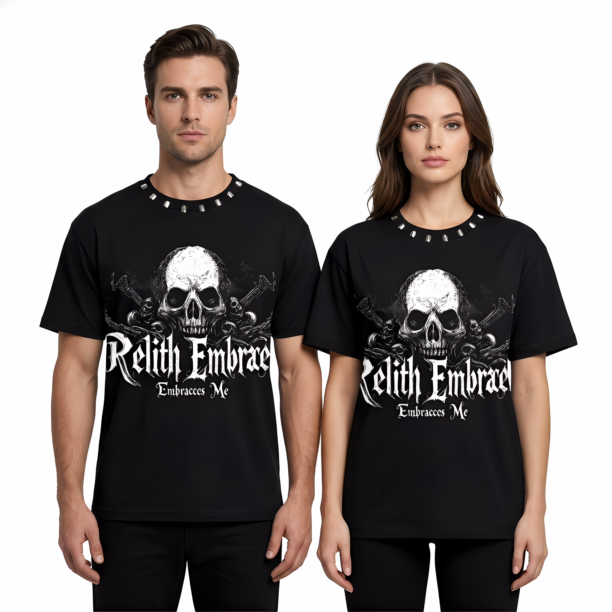 Black JEVPE Relith Embraces Me Skull Gothic oversized T-shirt with edgy rock streetwear design and bold skull graphic.