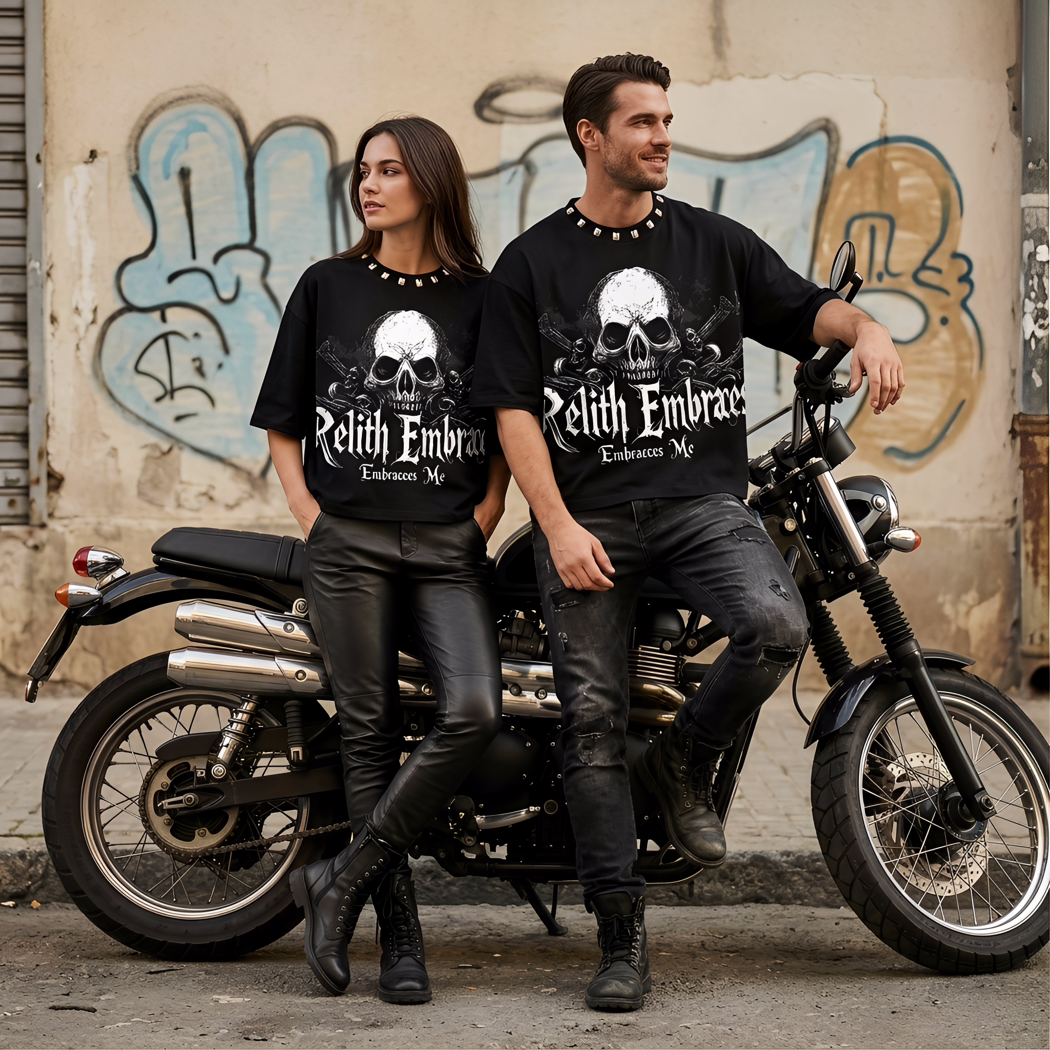 JEVPE Relith Embraces Me Skull Gothic oversized T-shirt featuring a bold skull graphic and edgy streetwear style.