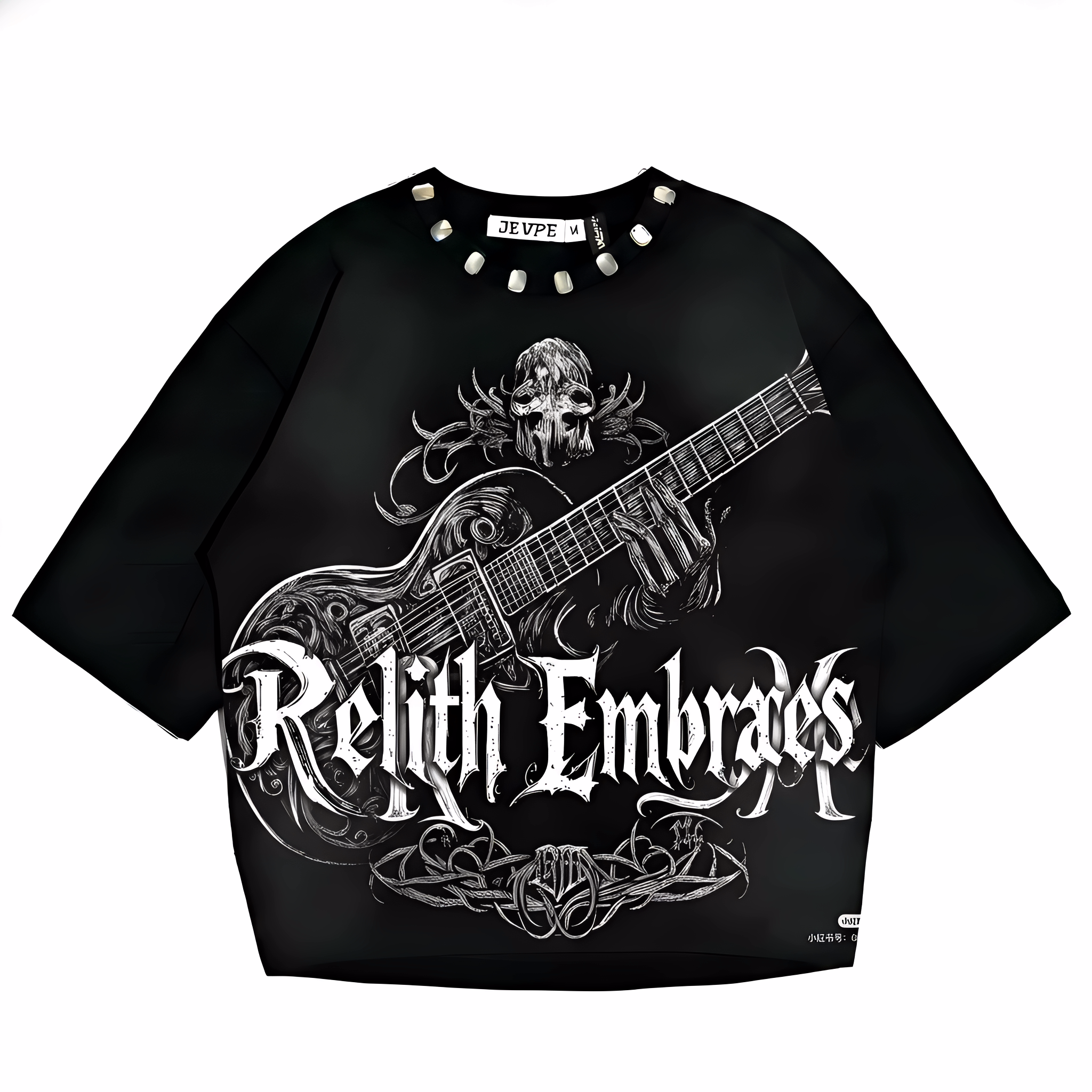 JEVPE Relith Embraces Skull Gothic oversized T-shirt featuring a rock-inspired skull and guitar design on black streetwear style.