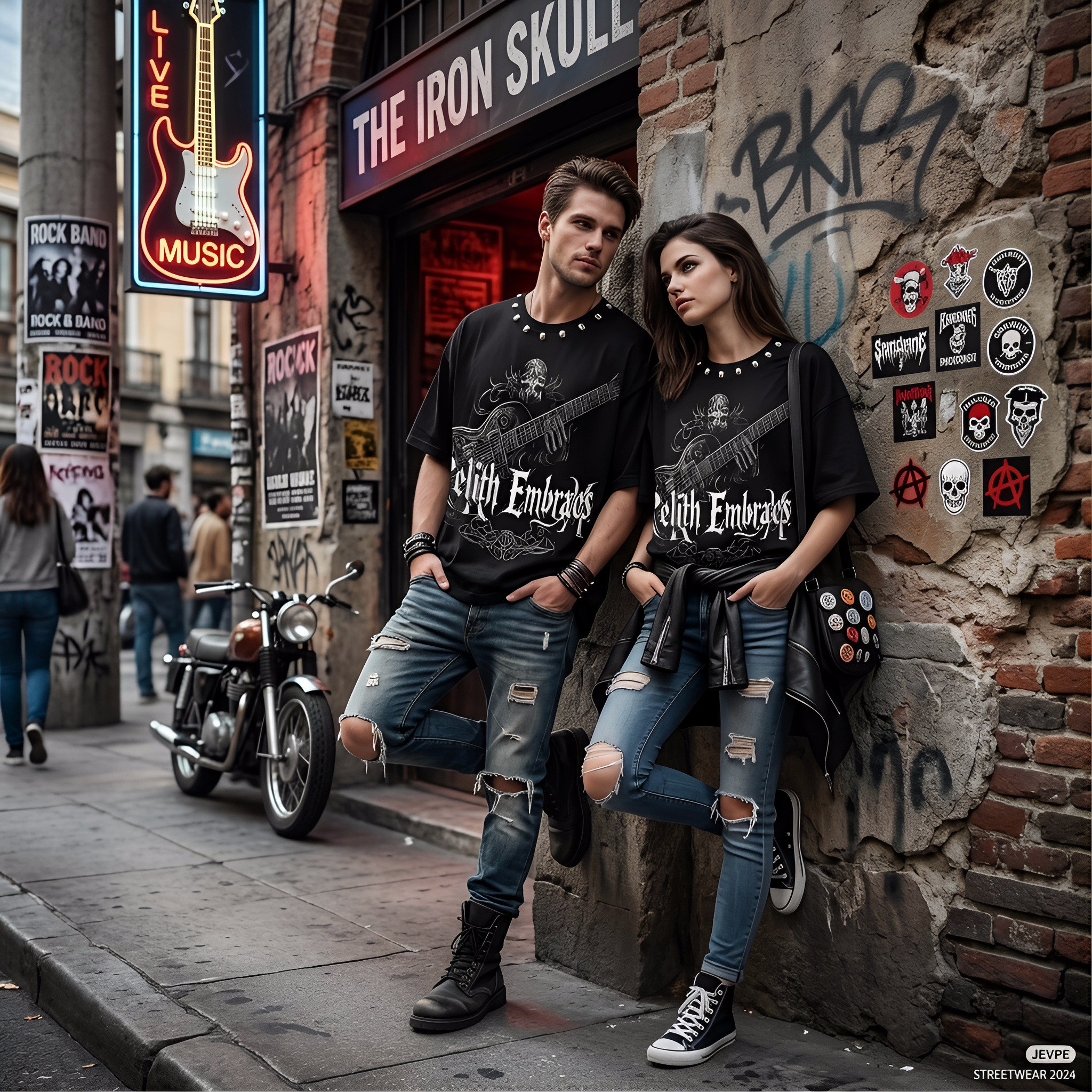 JEVPE Relith Embraces Skull Guitar Gothic oversized T-shirt featuring a rock-inspired skull and guitar design on black fabric.