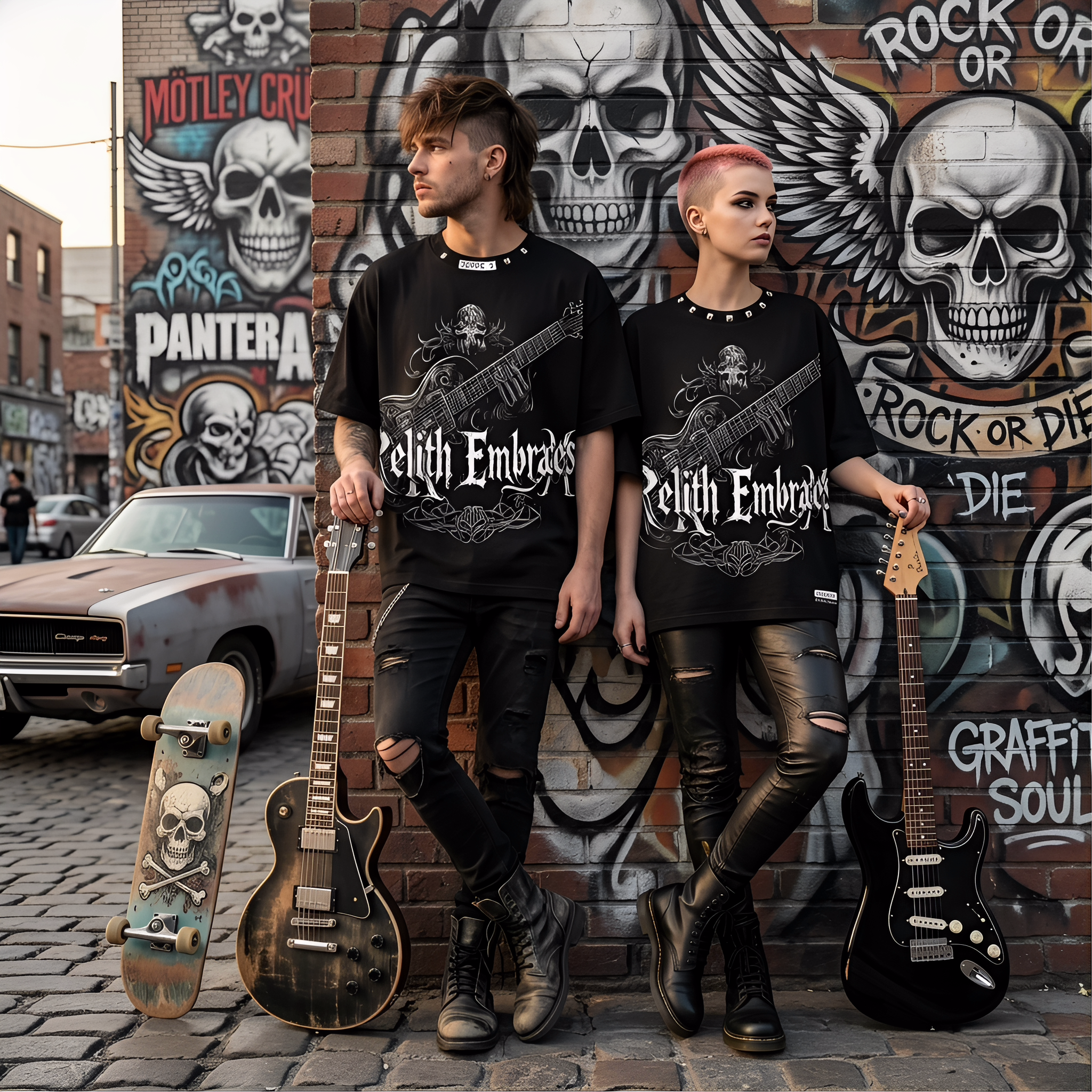 JEVPE Relith Embraces Skull Guitar Gothic oversized T-shirt with rock streetwear style, featuring a skull and guitar graphic design.