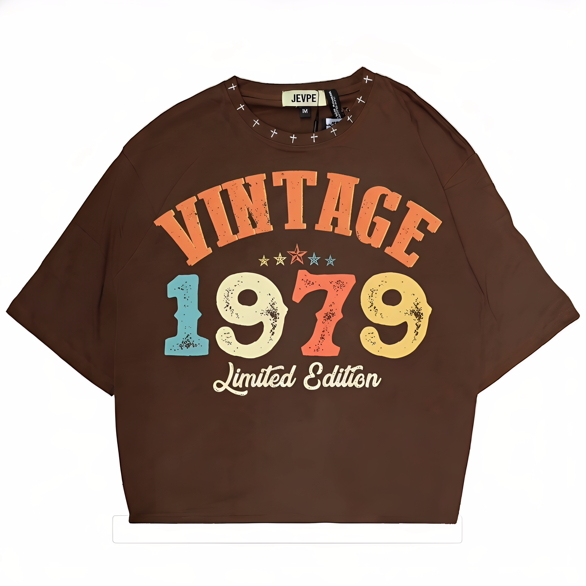 JEVPE vintage 1975 limited edition oversized T-shirt with retro 70s streetwear style, featuring bold graphic and relaxed fit.