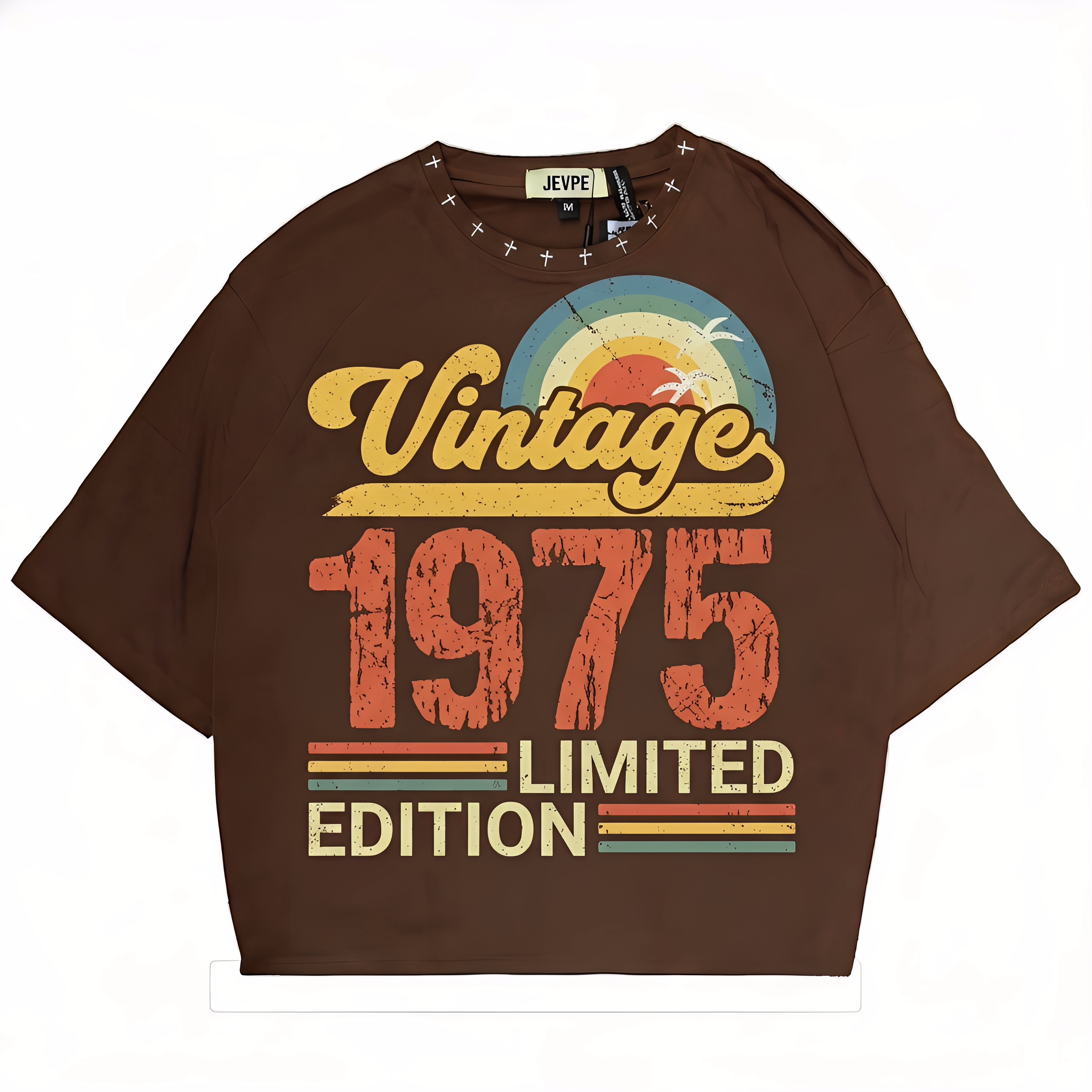 JEVPE vintage 1975 limited edition oversized graphic T-shirt with retro 70s streetwear style, featuring bold retro print on front.