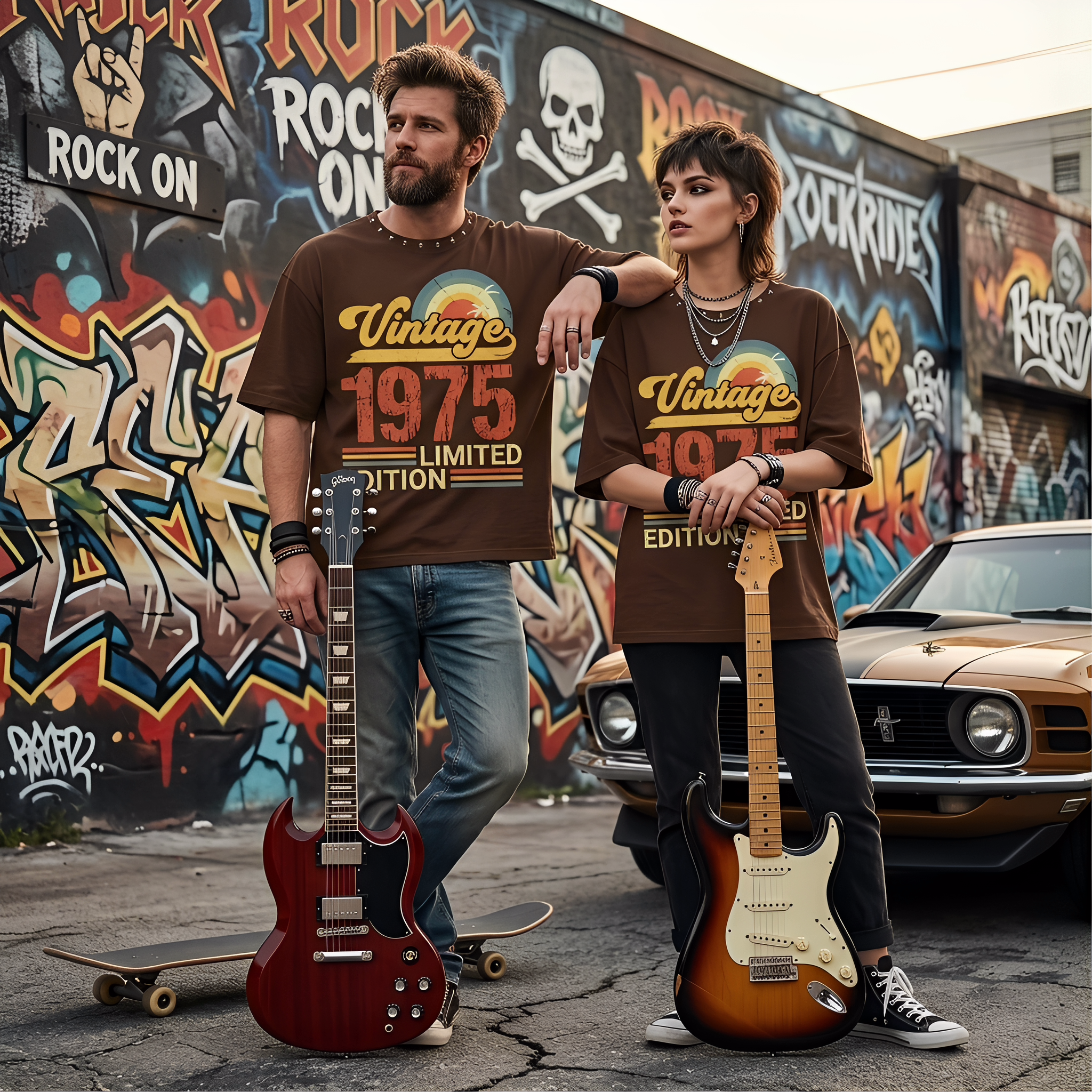 JEVPE vintage 1975 limited edition graphic oversized T-shirt with retro 70s streetwear style, featuring bold vibrant print on cotton fabric.
