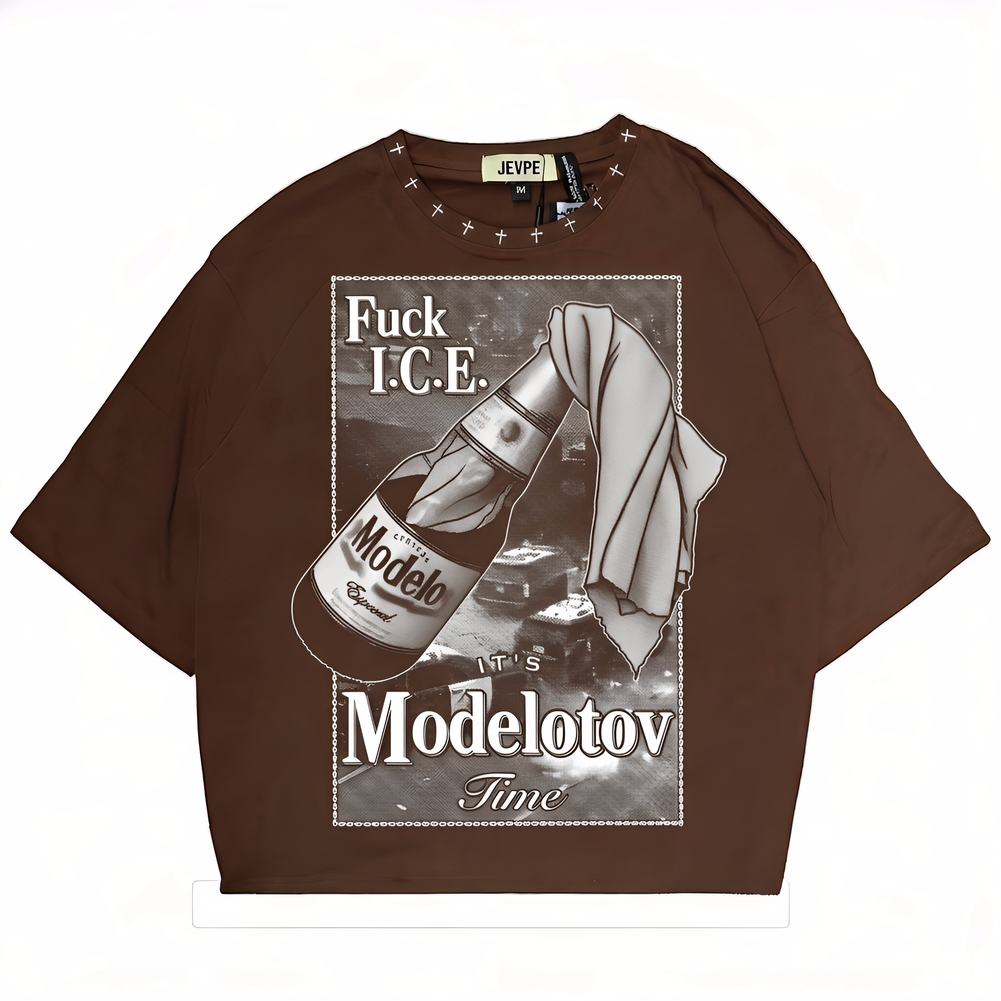JEVPE Modelotov Time graphic oversized T-shirt featuring edgy streetwear design with bold print and relaxed fit.