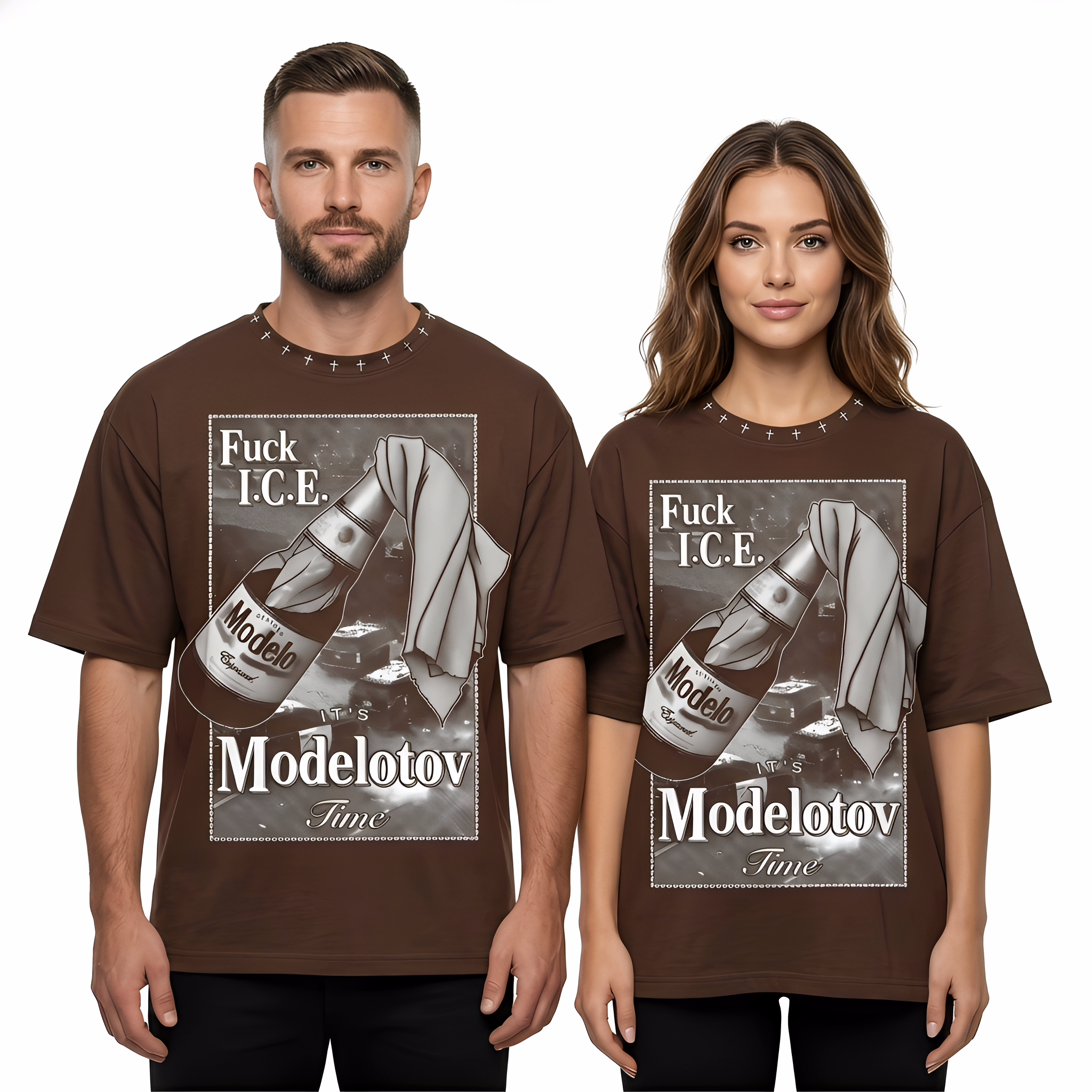 JEVPE Modelotov Time graphic oversized T-shirt featuring edgy streetwear style, with bold graphic design on white fabric.