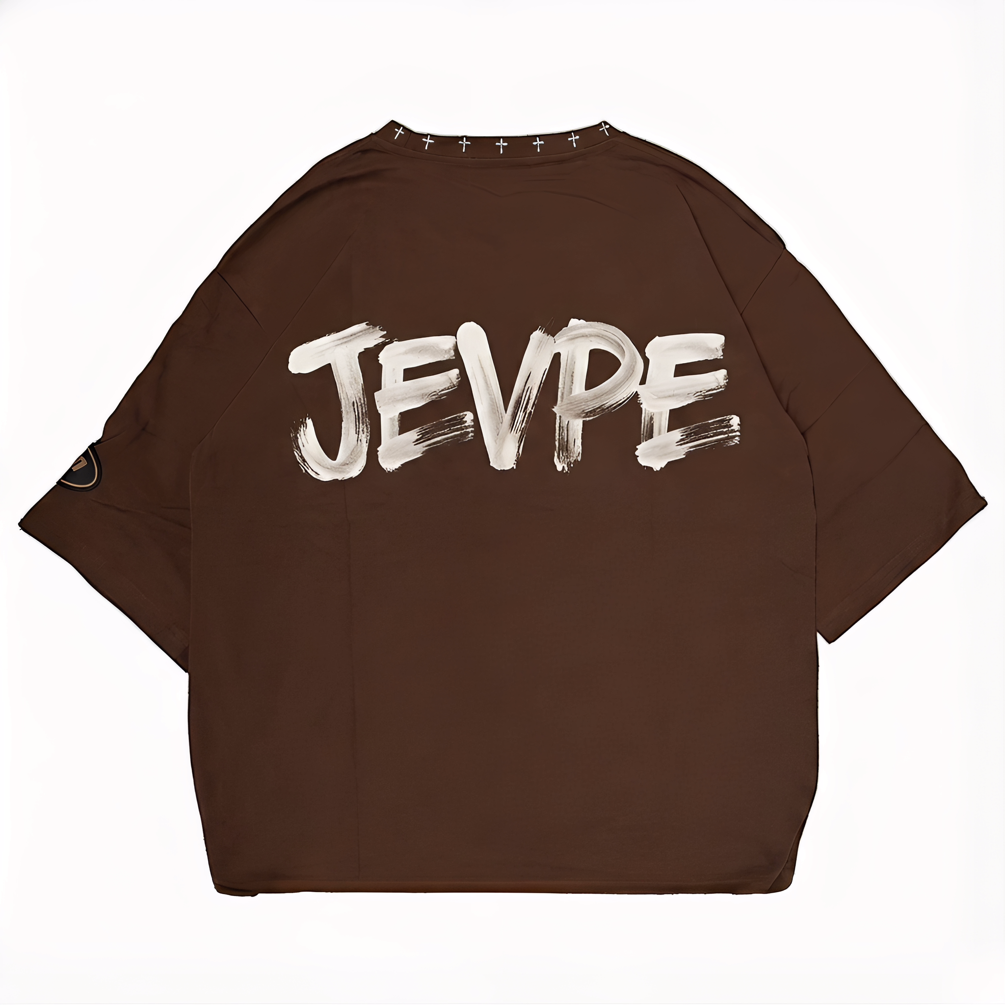 Brown oversized streetwear T-shirt featuring a grumpy cat graphic and "Too Tired For This" slogan by JEVPE.