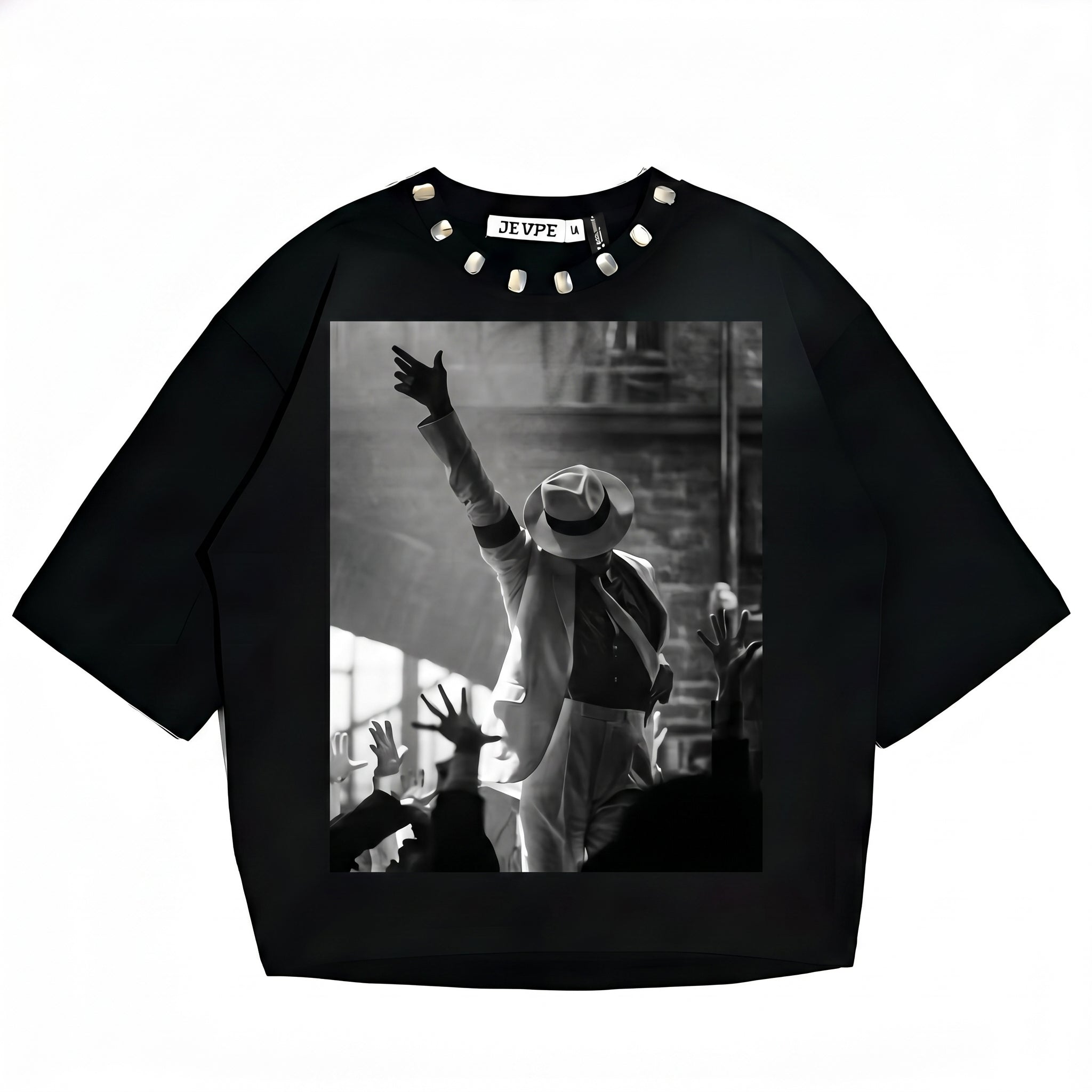 JEVPE Michael Jackson Stage Graphic Oversized T-Shirt | Black Cropped Studded Streetwear Tee