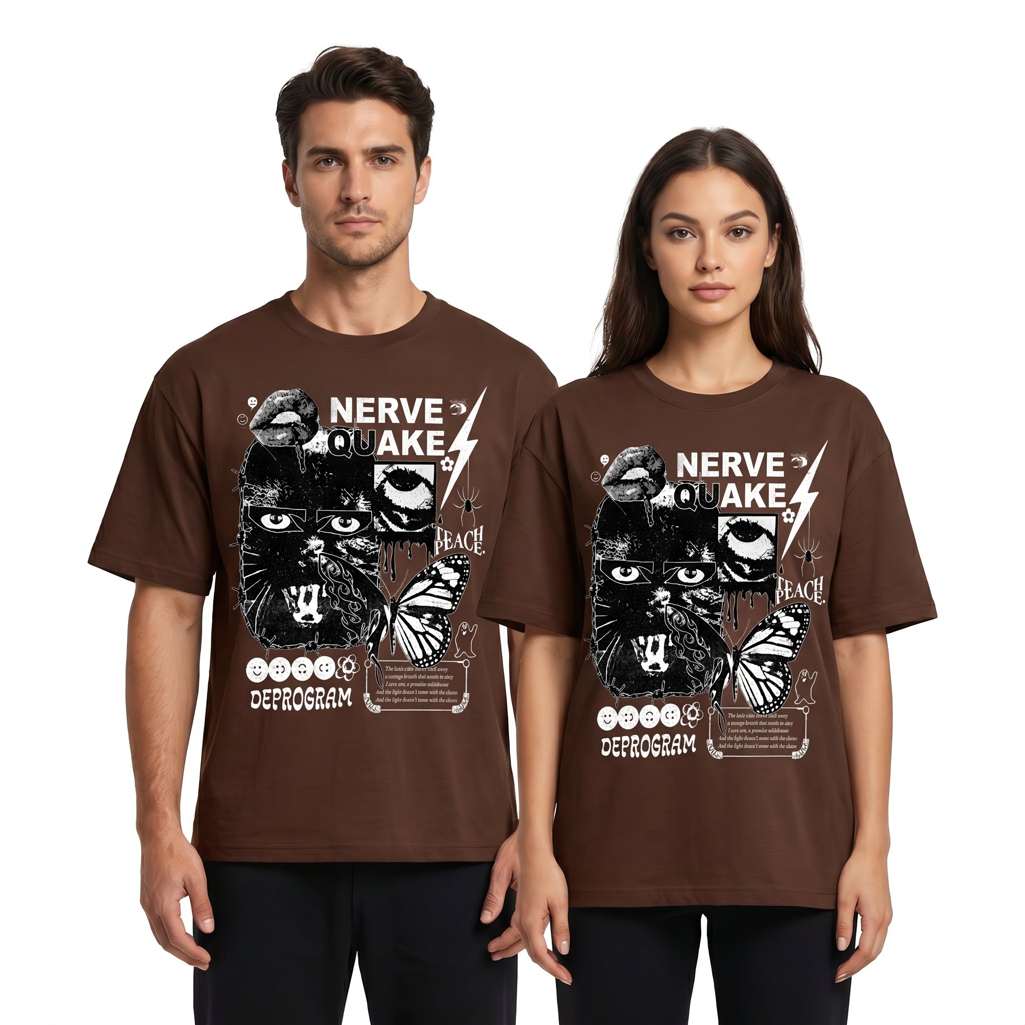JEVPE Nerve Quake collage graphic oversized T-shirt with grunge streetwear style, featuring bold artwork and relaxed fit.