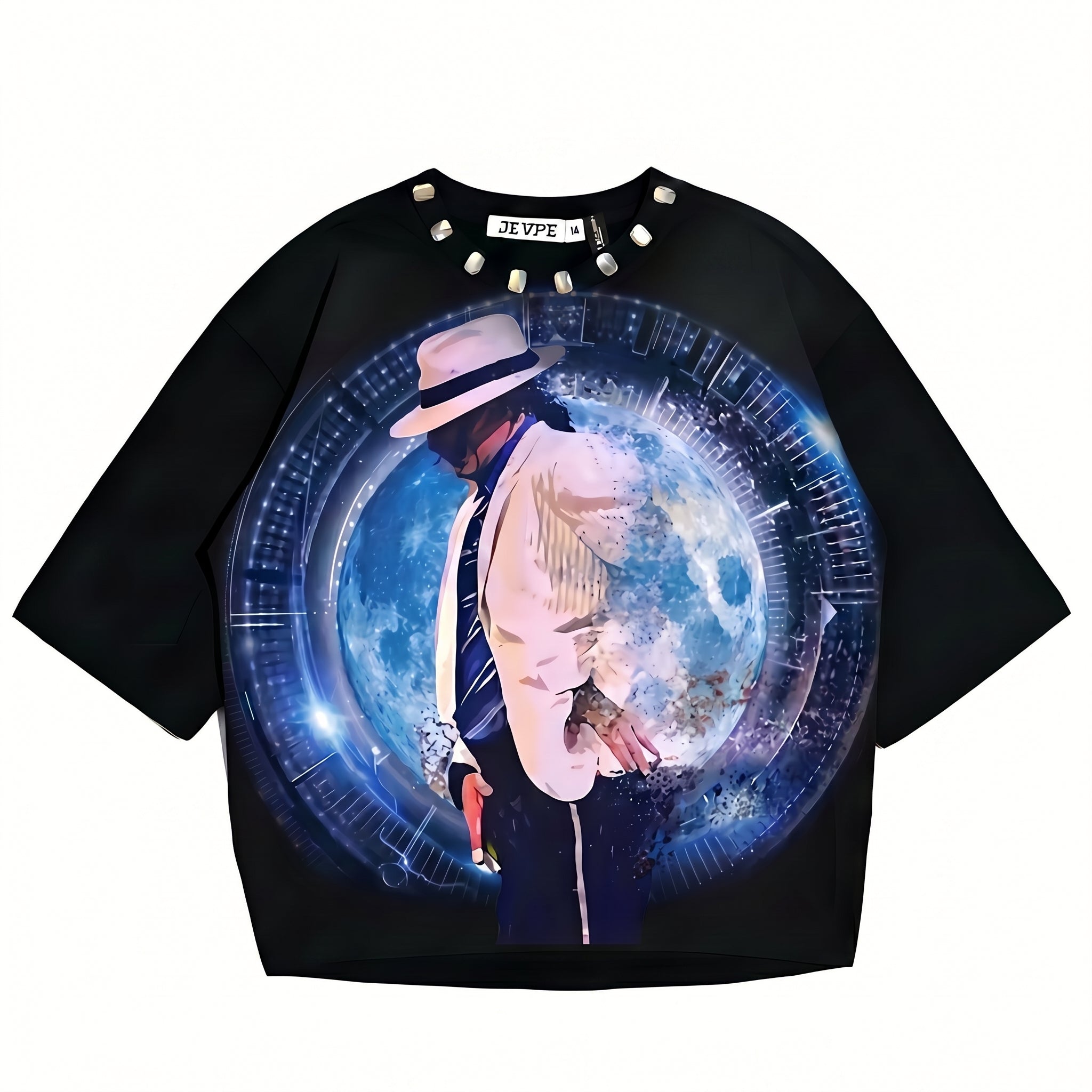 JEVPE Michael Jackson Moonwalk Graphic Oversized T-Shirt | Black Cropped Studded Streetwear Tee