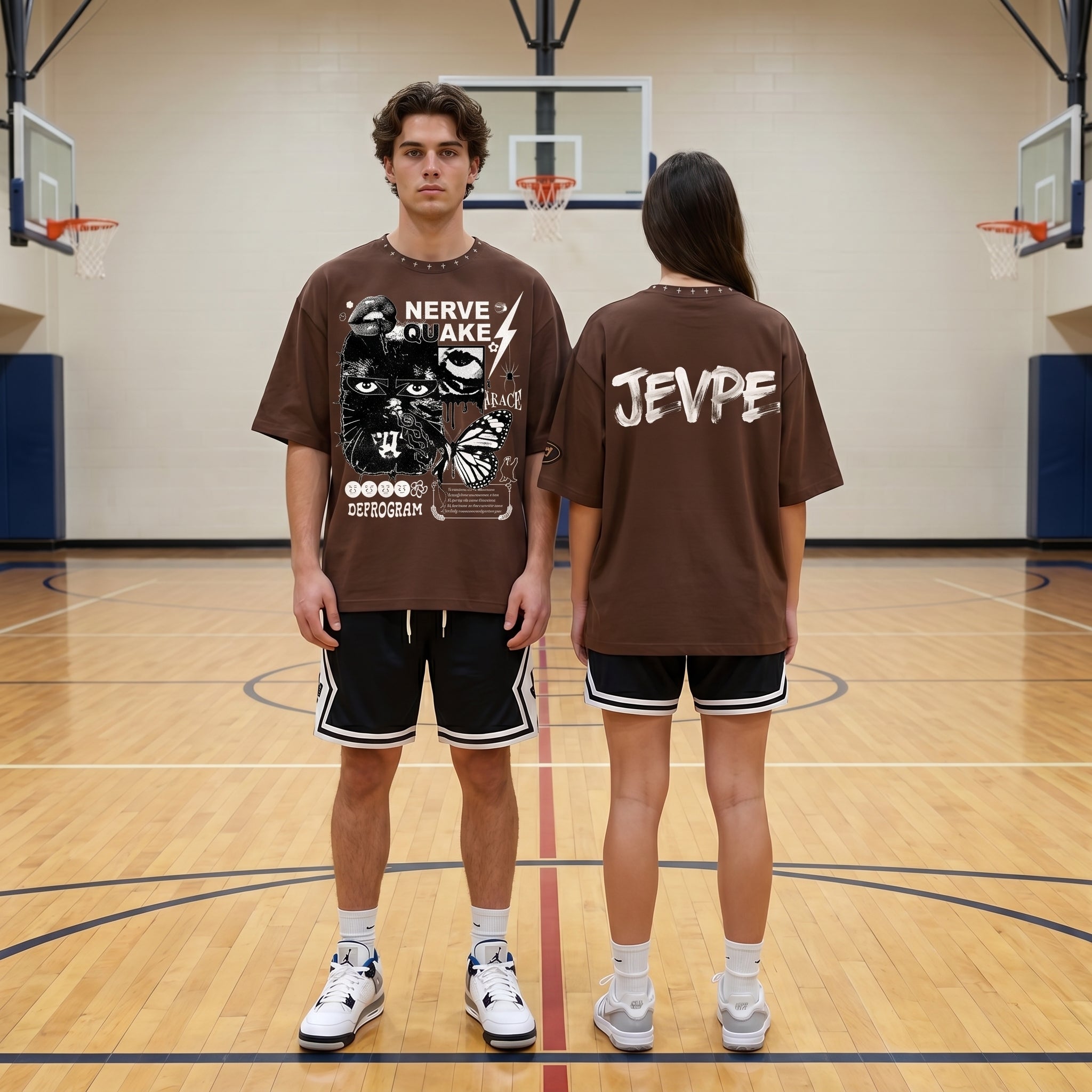 JEVPE Nerve Quake collage graphic oversized T-shirt with grunge streetwear style, featuring bold print and relaxed fit.