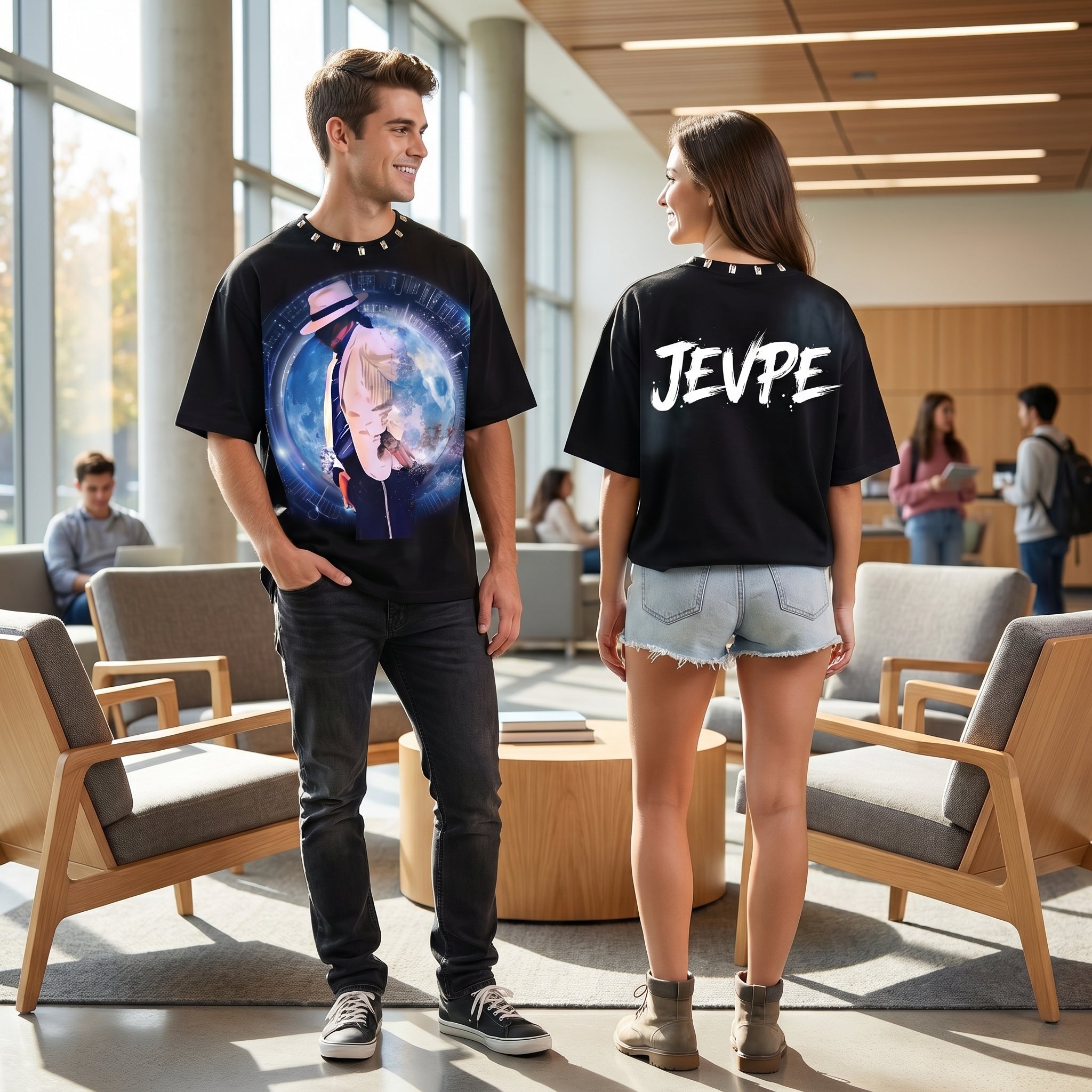 JEVPE Michael Jackson Moonwalk Graphic Oversized T-Shirt | Black Cropped Studded Streetwear Tee